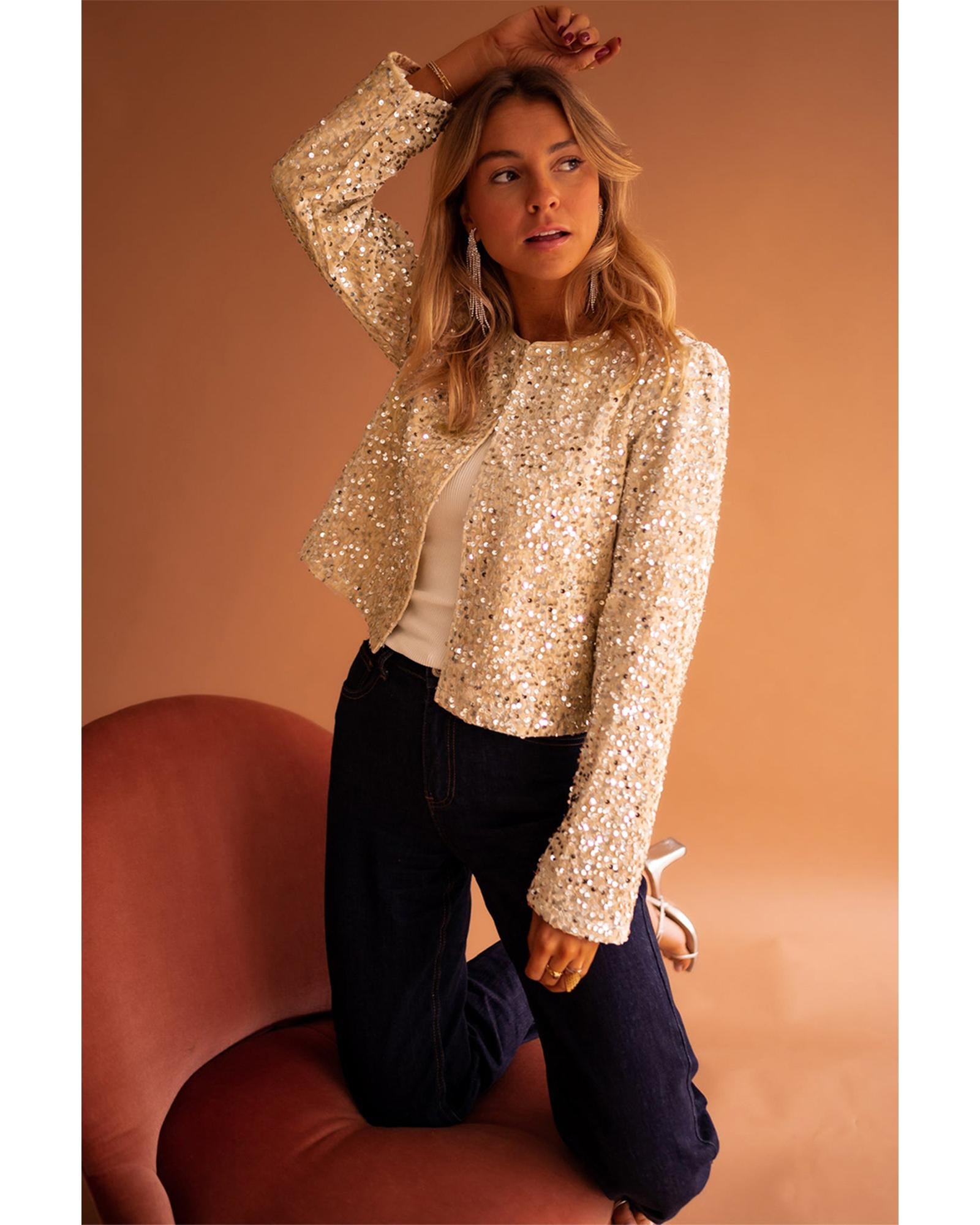 Golden Fleece Sequined Open Front Cropped Jacket - XL 4