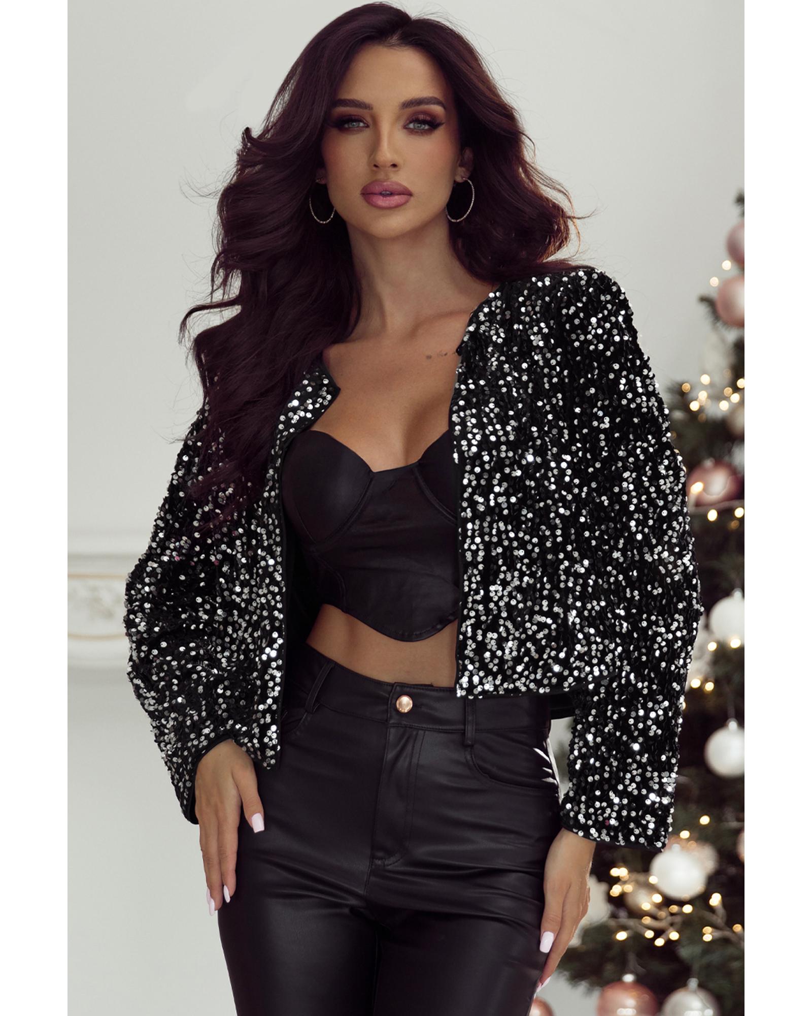 Black Sequined Open Front Cropped Jacket - M