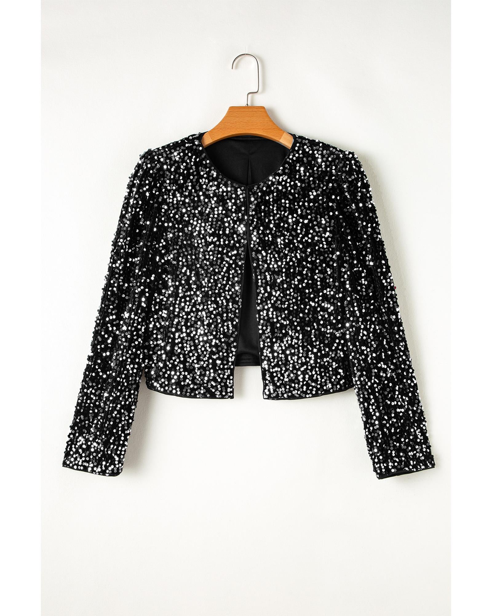 Black Sequined Open Front Cropped Jacket - M 7