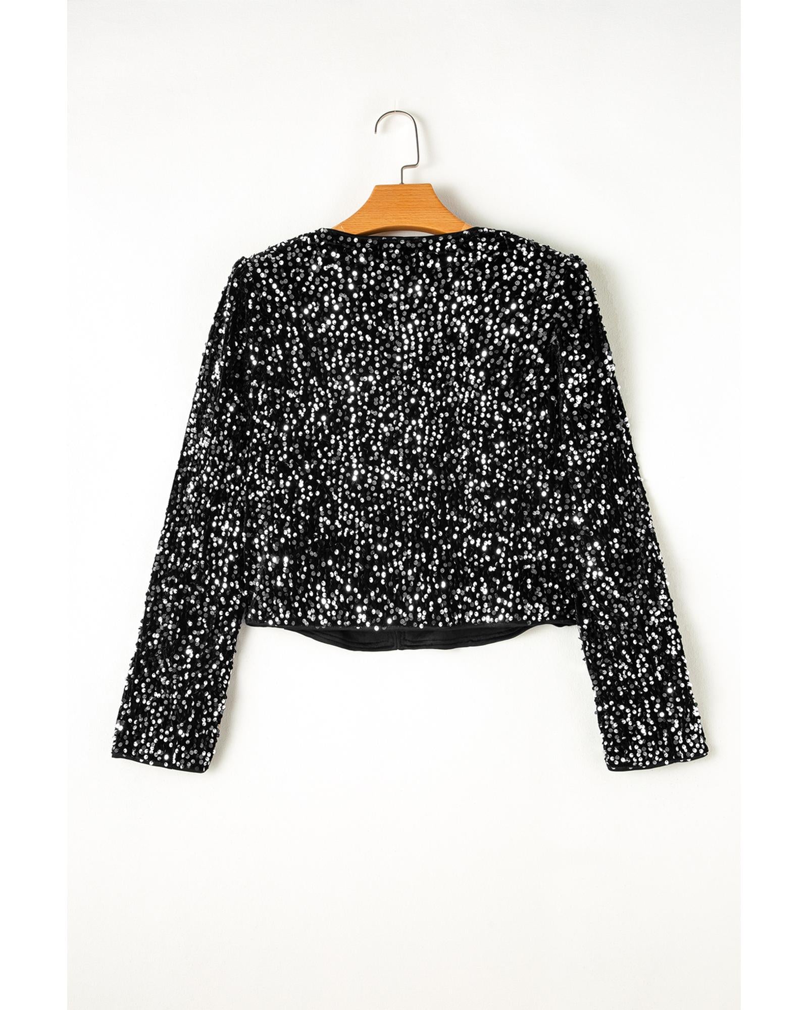 Black Sequined Open Front Cropped Jacket - S