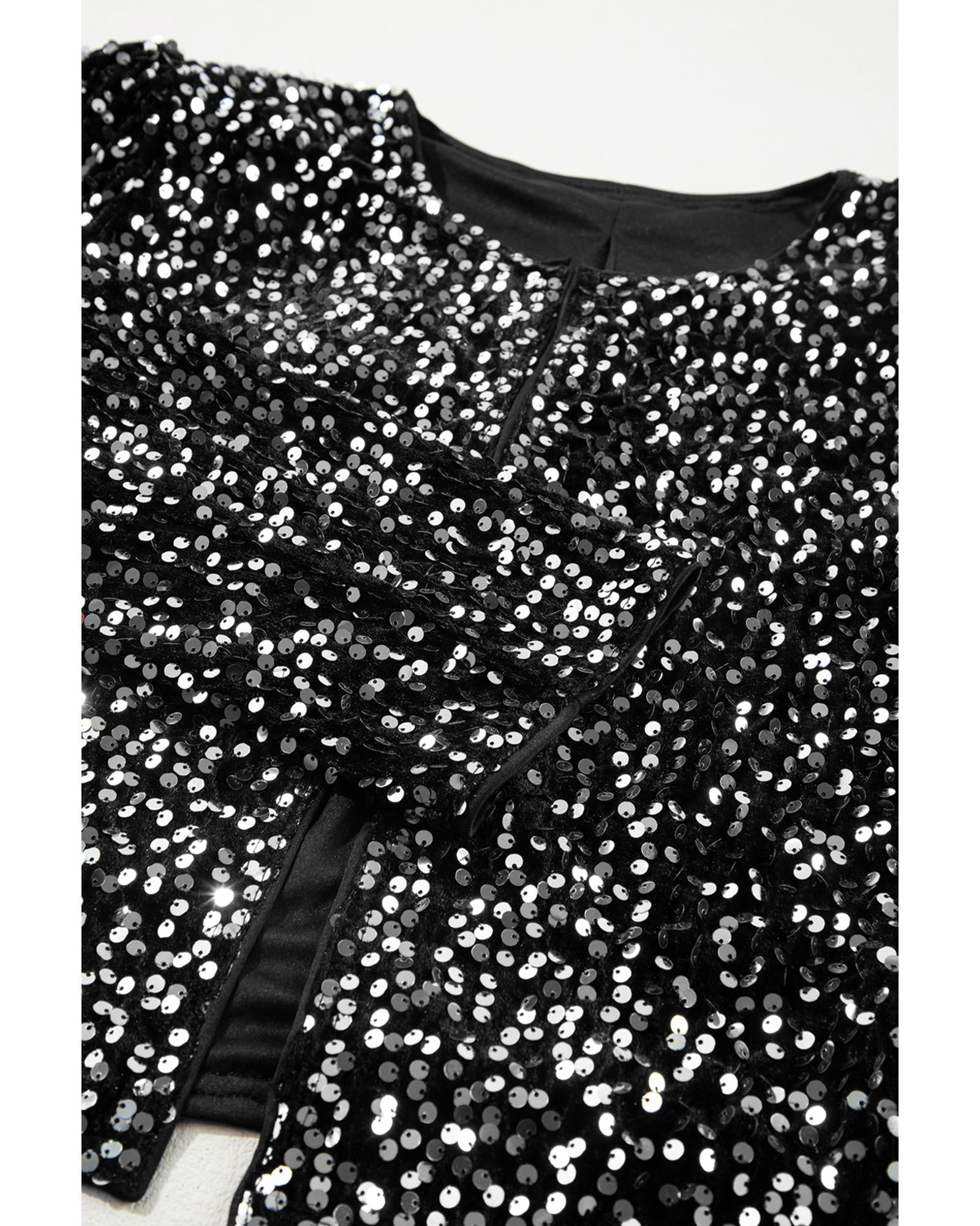 Black Sequined Open Front Cropped Jacket - S 3