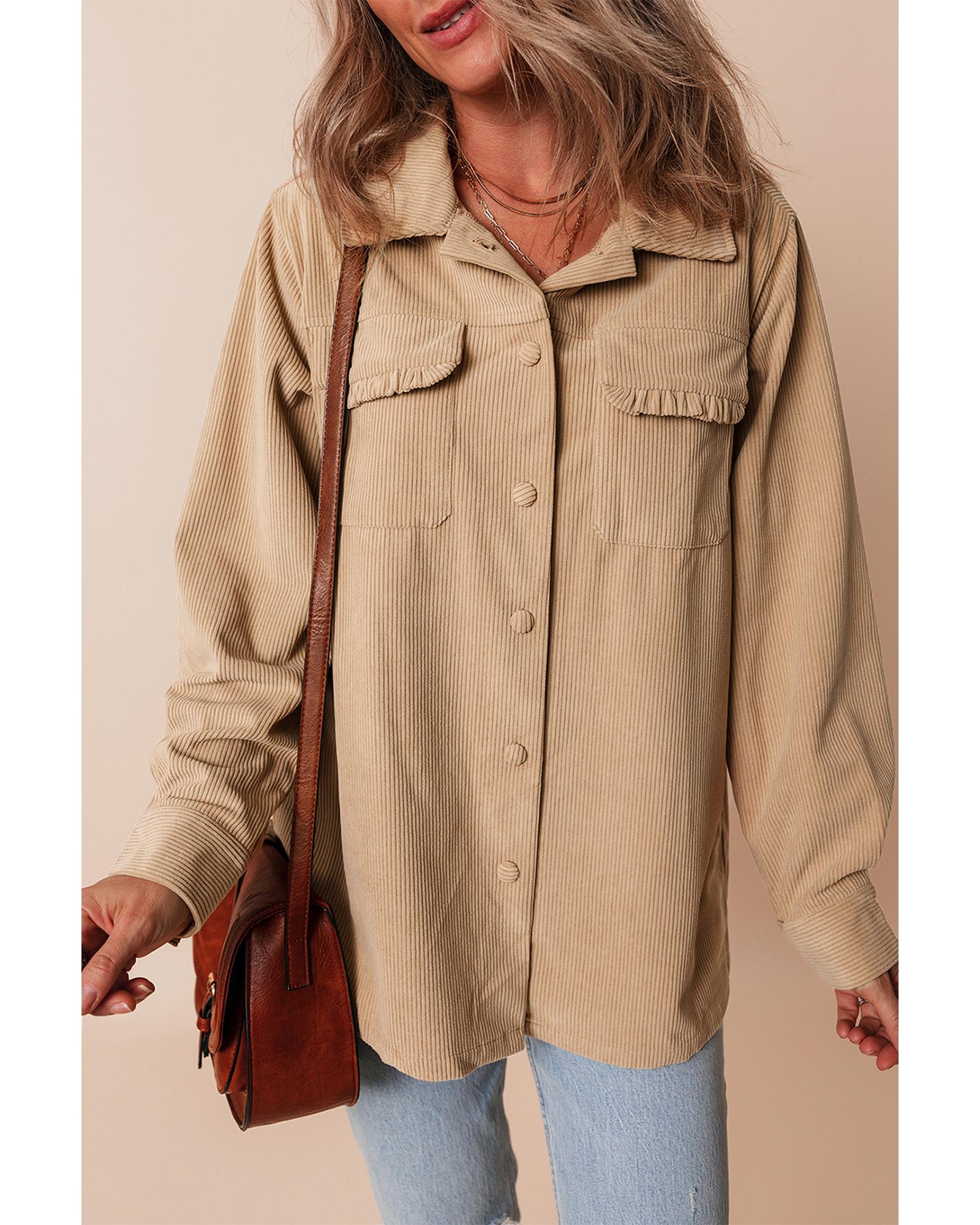 Light French Beige Solid Frilled Flap Pocket Button Up Corduroy Shacket - L