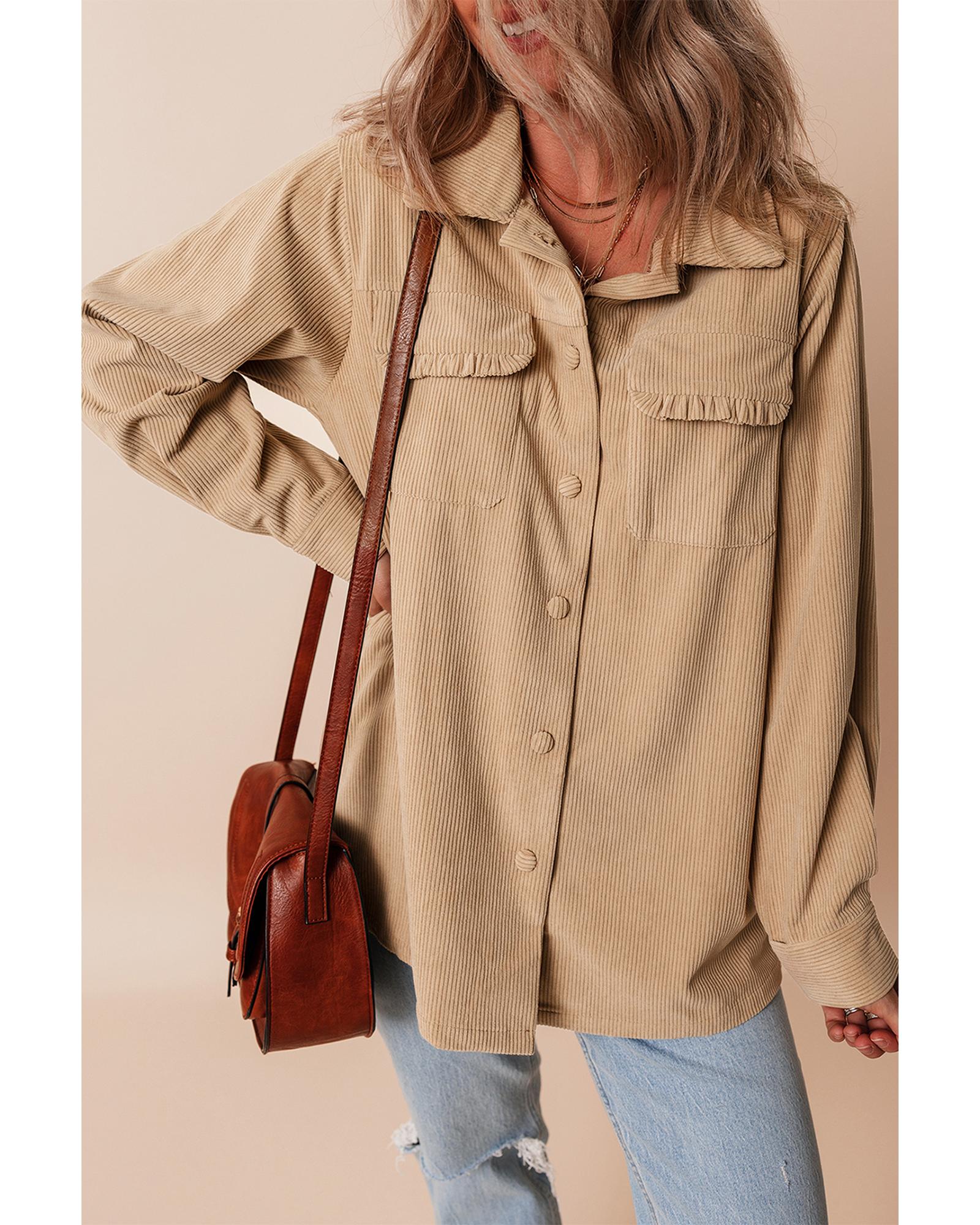 Light French Beige Solid Frilled Flap Pocket Button Up Corduroy Shacket - L 3