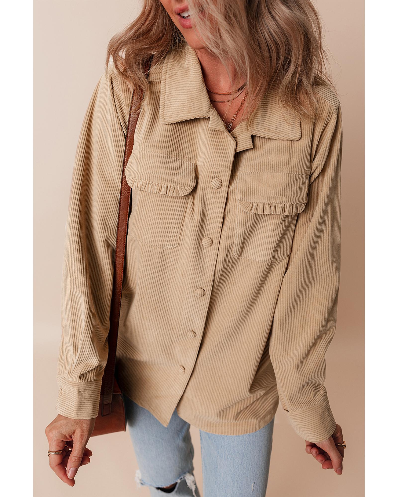 Light French Beige Solid Frilled Flap Pocket Button Up Corduroy Shacket - L 4