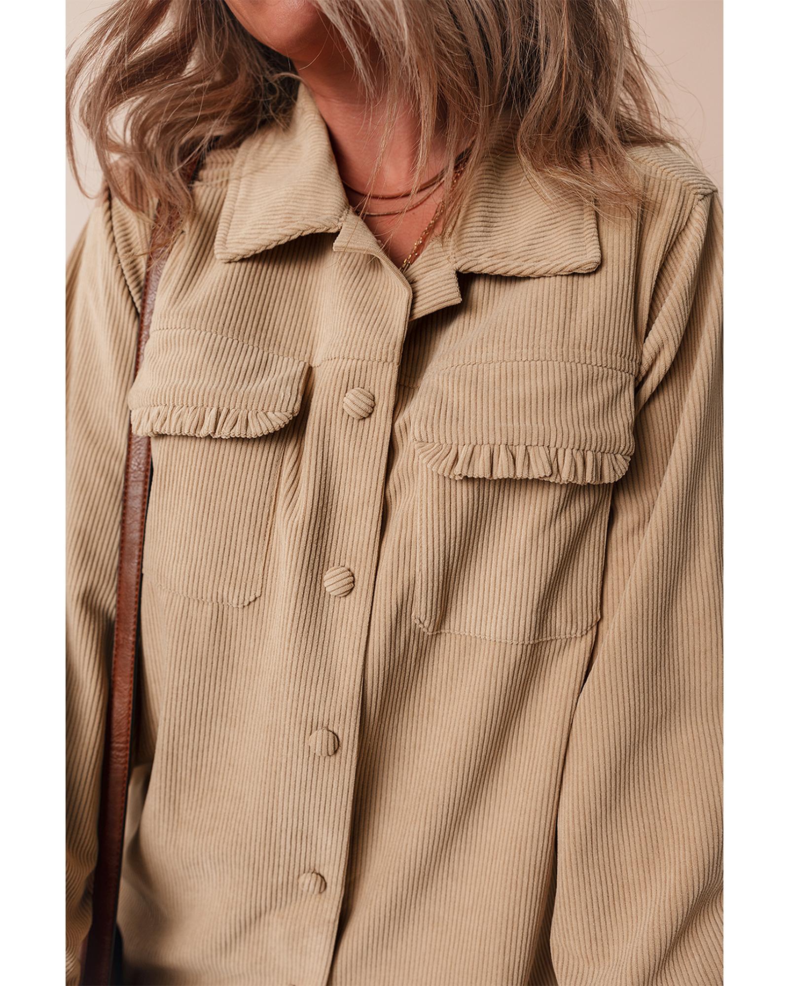 Light French Beige Solid Frilled Flap Pocket Button Up Corduroy Shacket - L 7