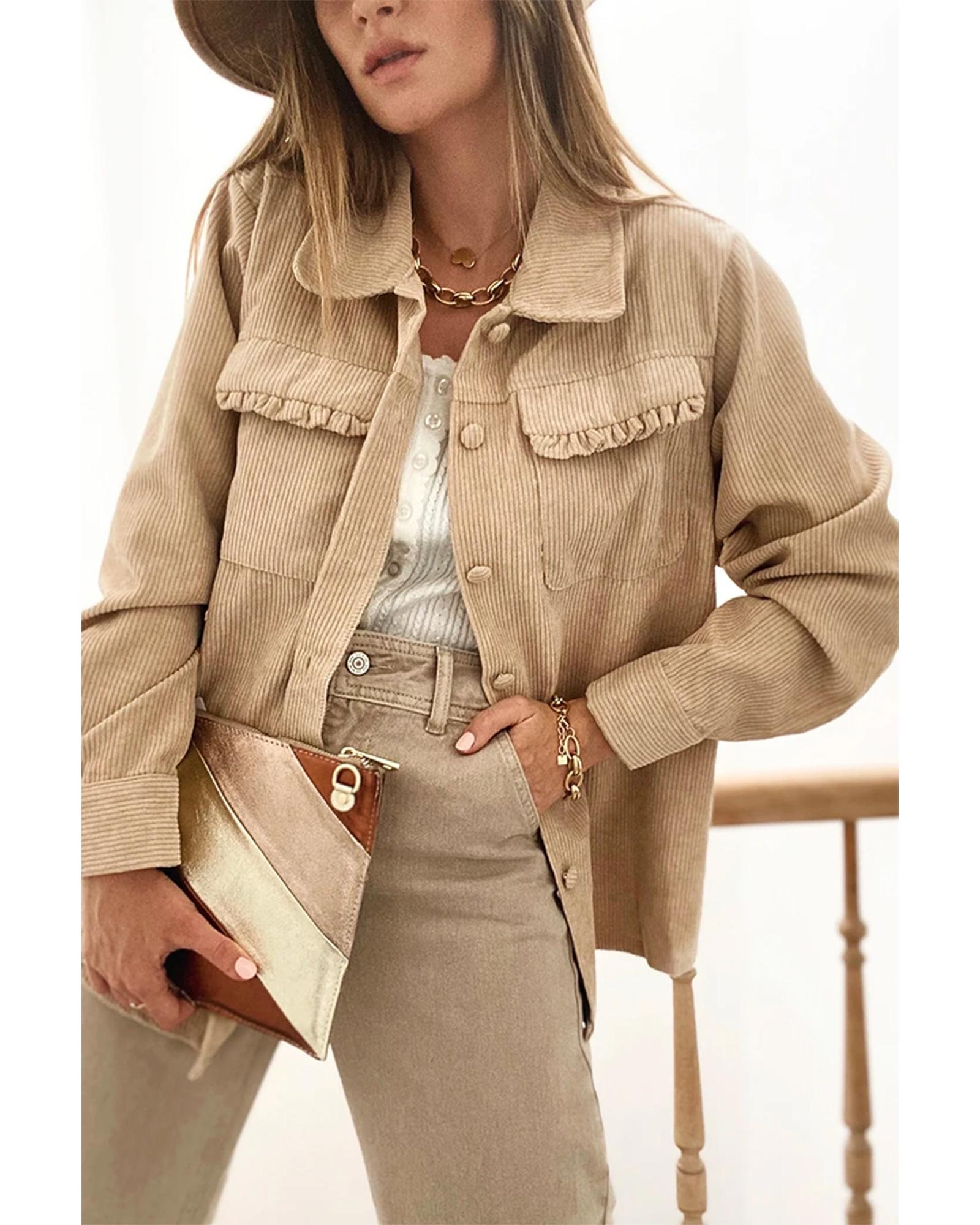 Light French Beige Solid Frilled Flap Pocket Button Up Corduroy Shacket - M 8