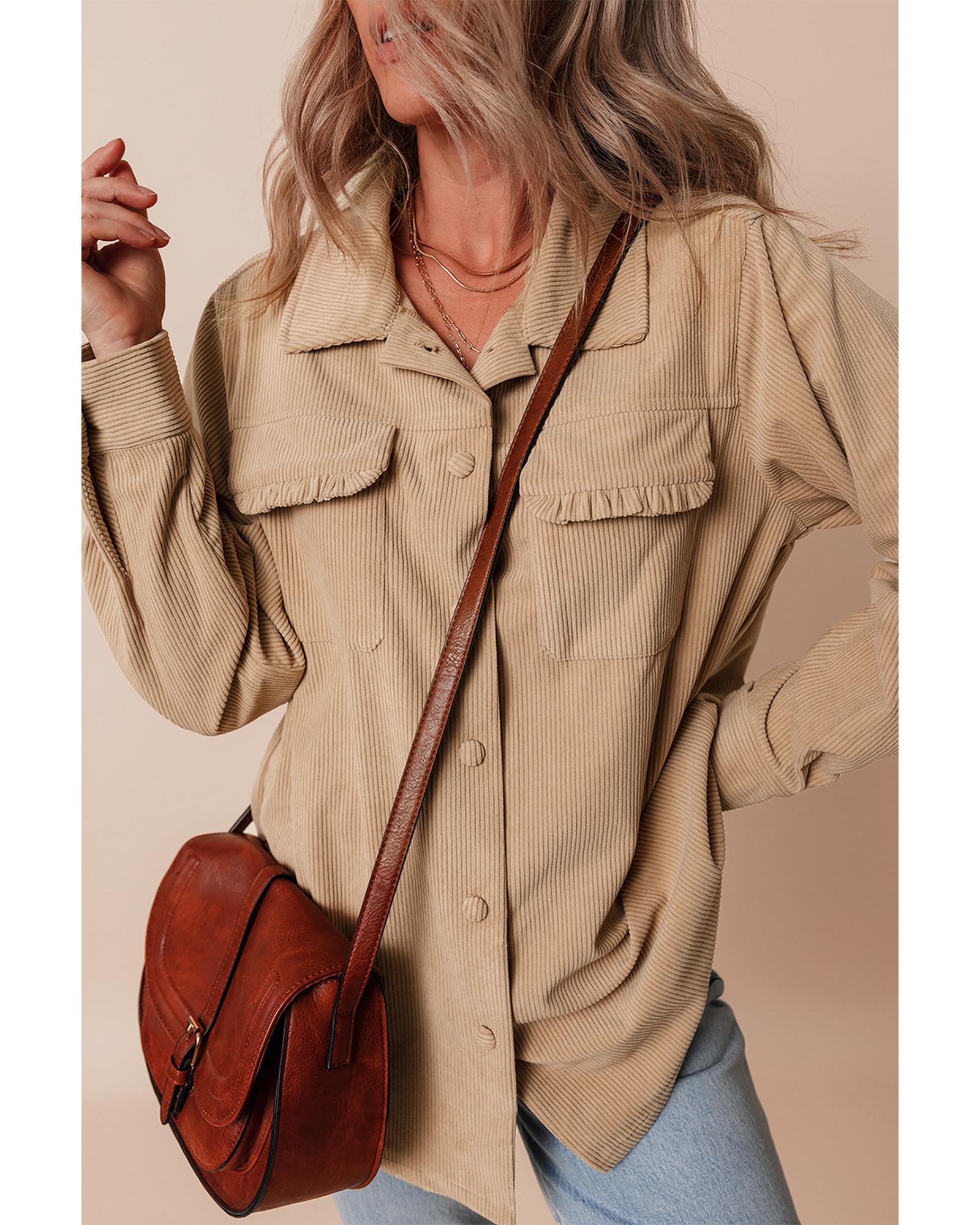 Light French Beige Solid Frilled Flap Pocket Button Up Corduroy Shacket - S 4