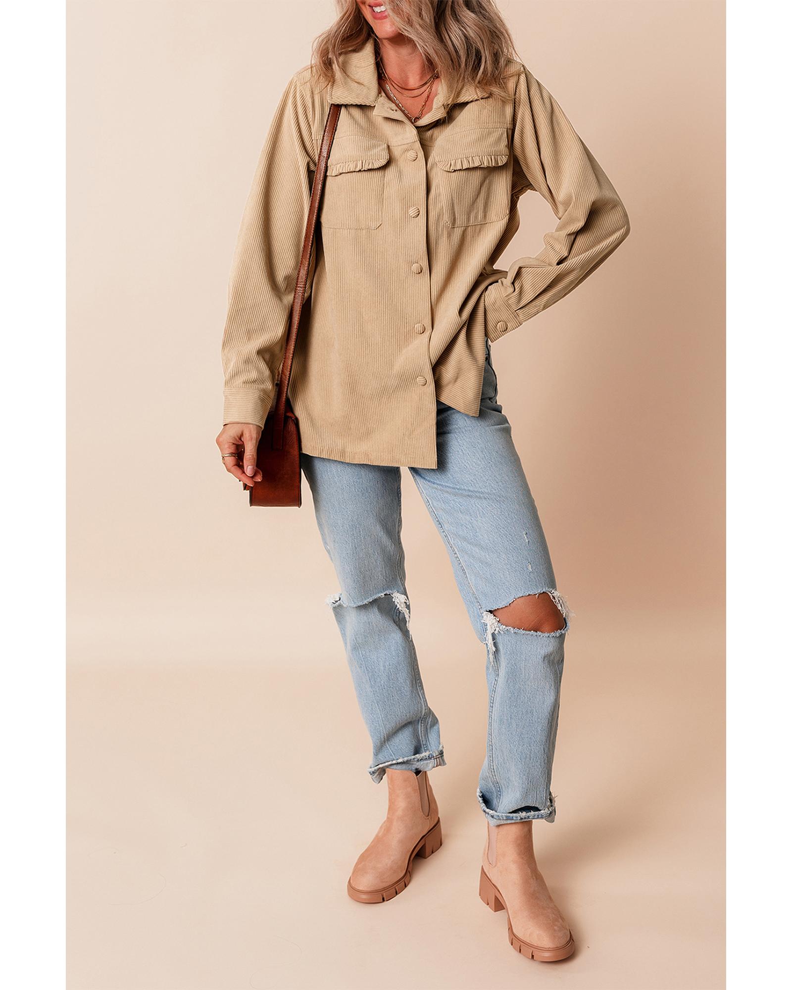 Light French Beige Solid Frilled Flap Pocket Button Up Corduroy Shacket - S 5