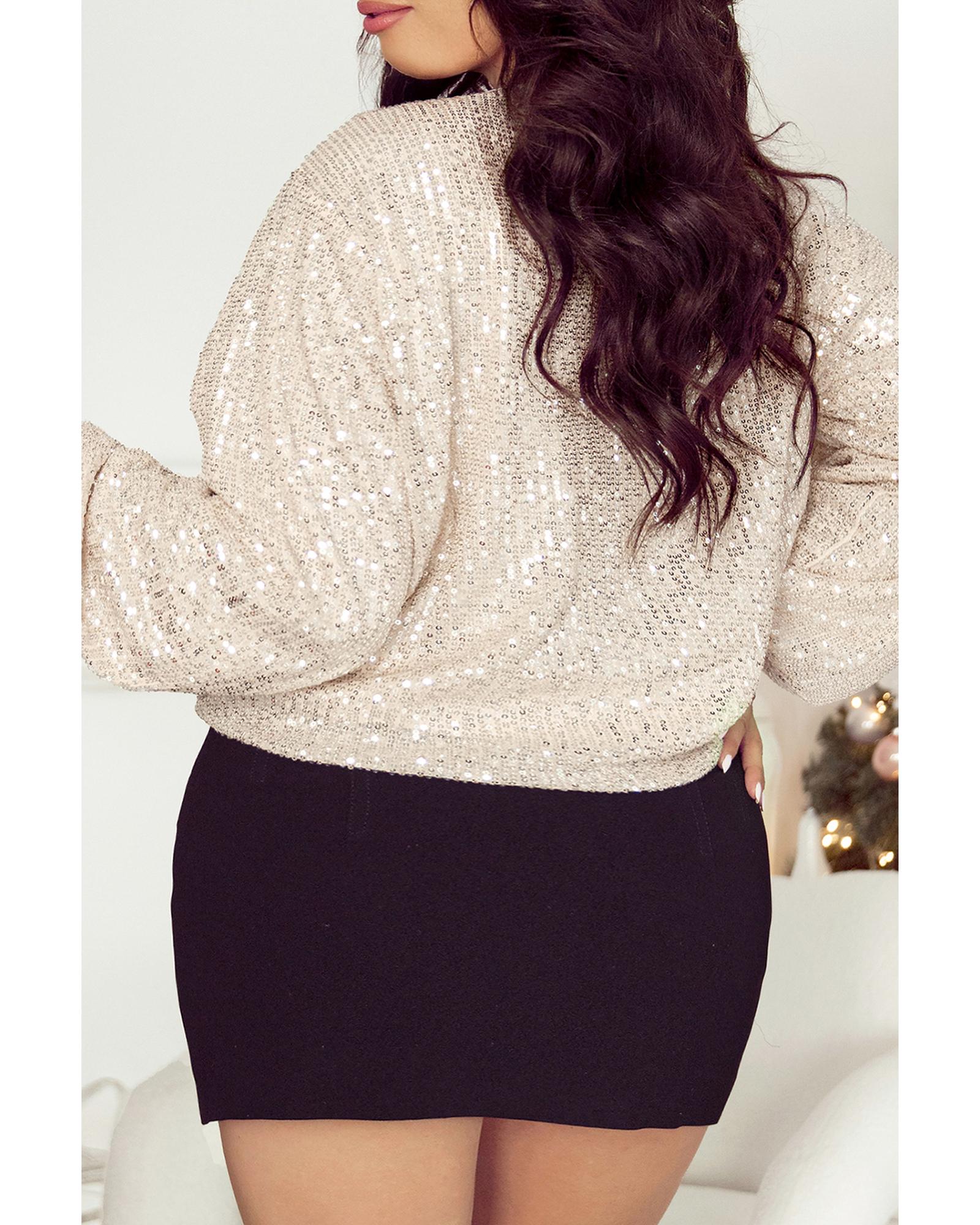 Apricot Sequin Zip up Round Neck Long Sleeve Jacket - L 6