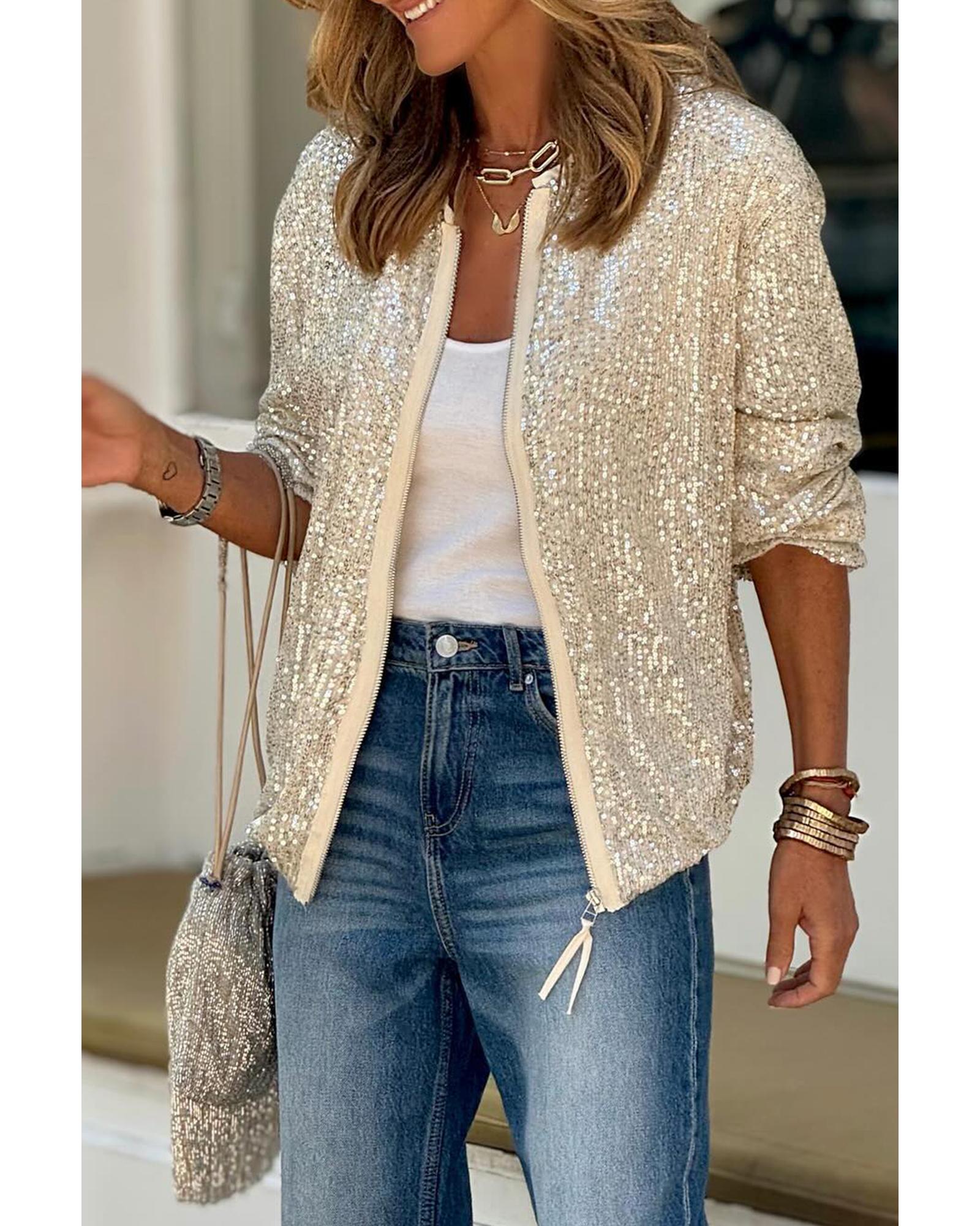 Apricot Sequin Zip up Round Neck Long Sleeve Jacket - XL 5