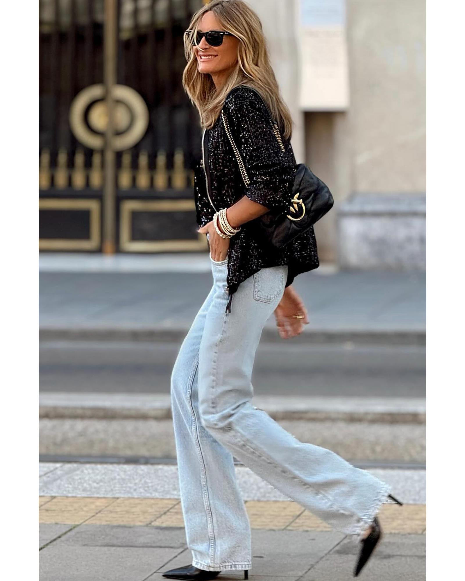 Black Sequin Zip up Round Neck Long Sleeve Jacket - L 7