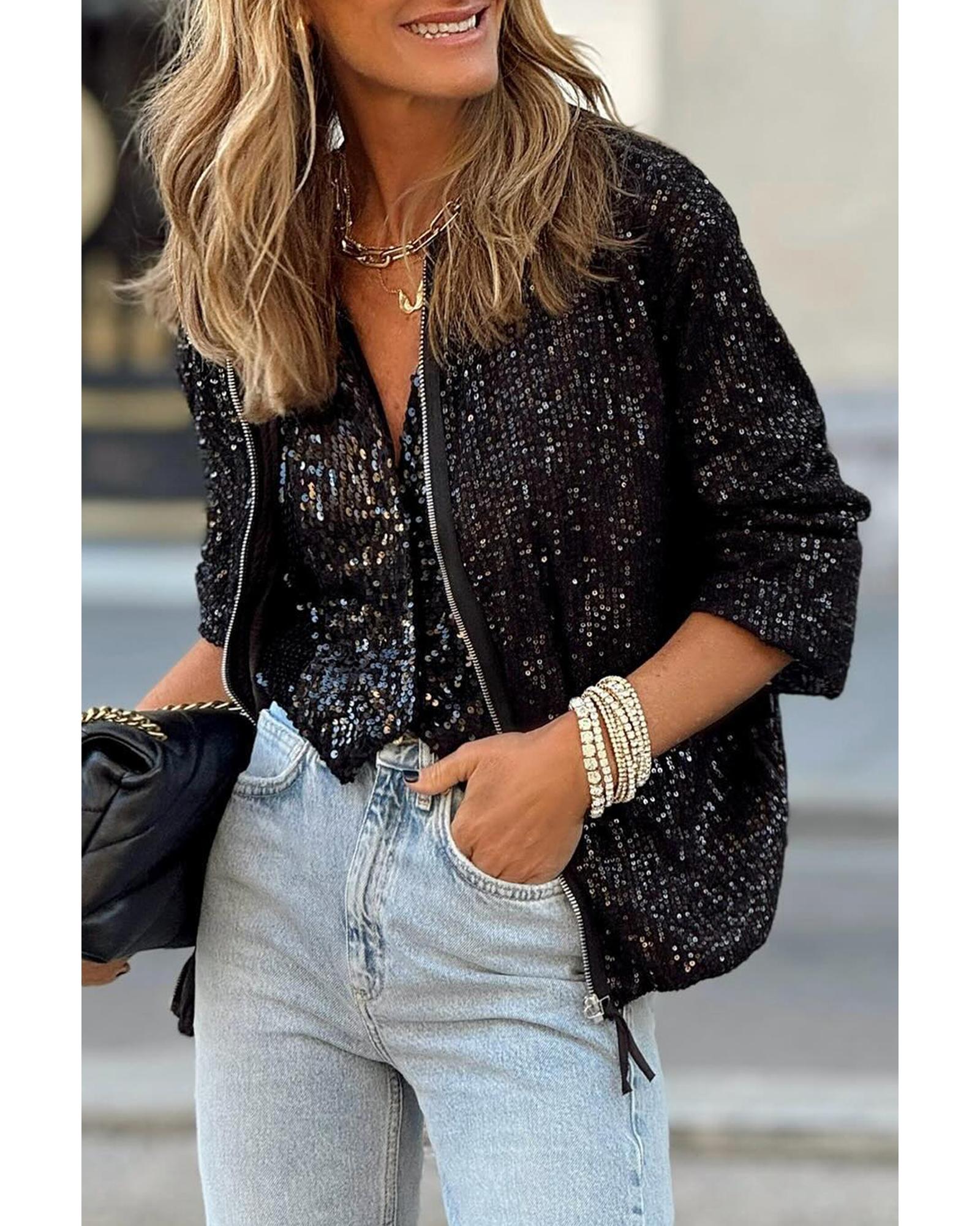 Black Sequin Zip up Round Neck Long Sleeve Jacket - M