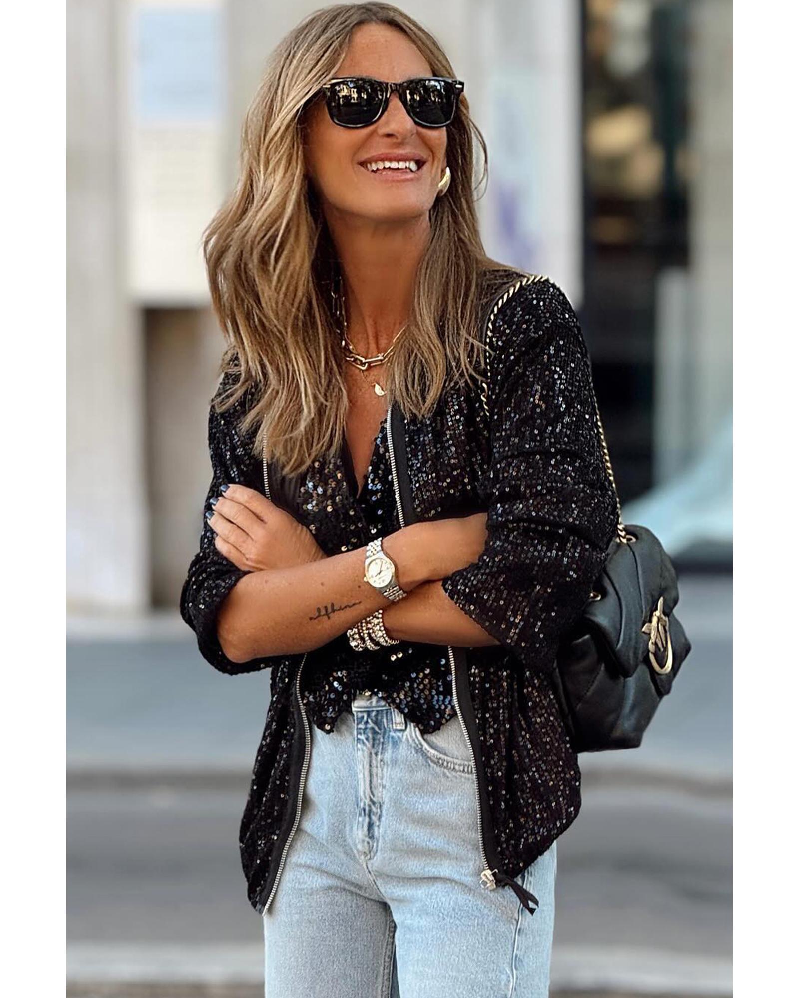 Black Sequin Zip up Round Neck Long Sleeve Jacket - M 3