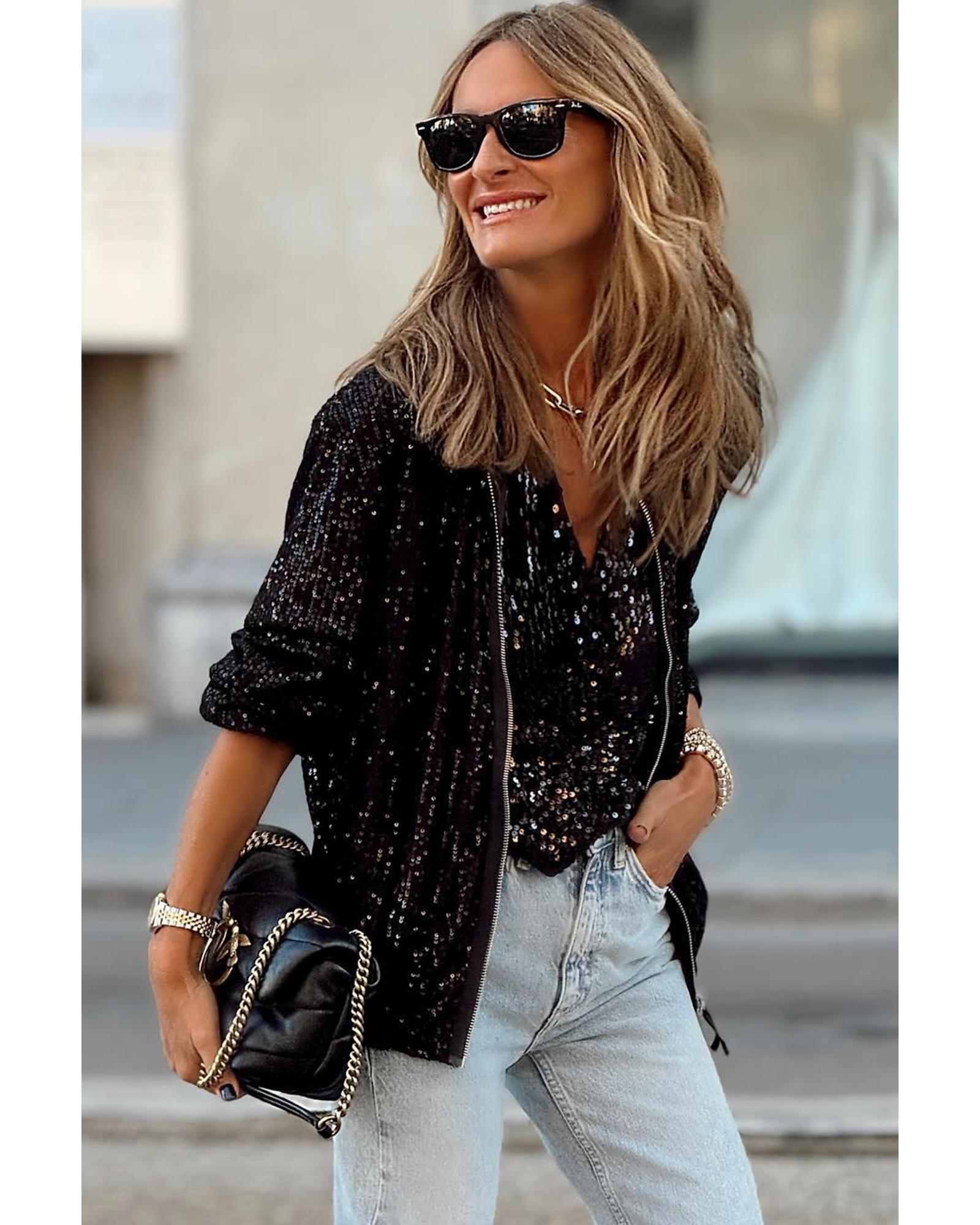 Black Sequin Zip up Round Neck Long Sleeve Jacket - M 5