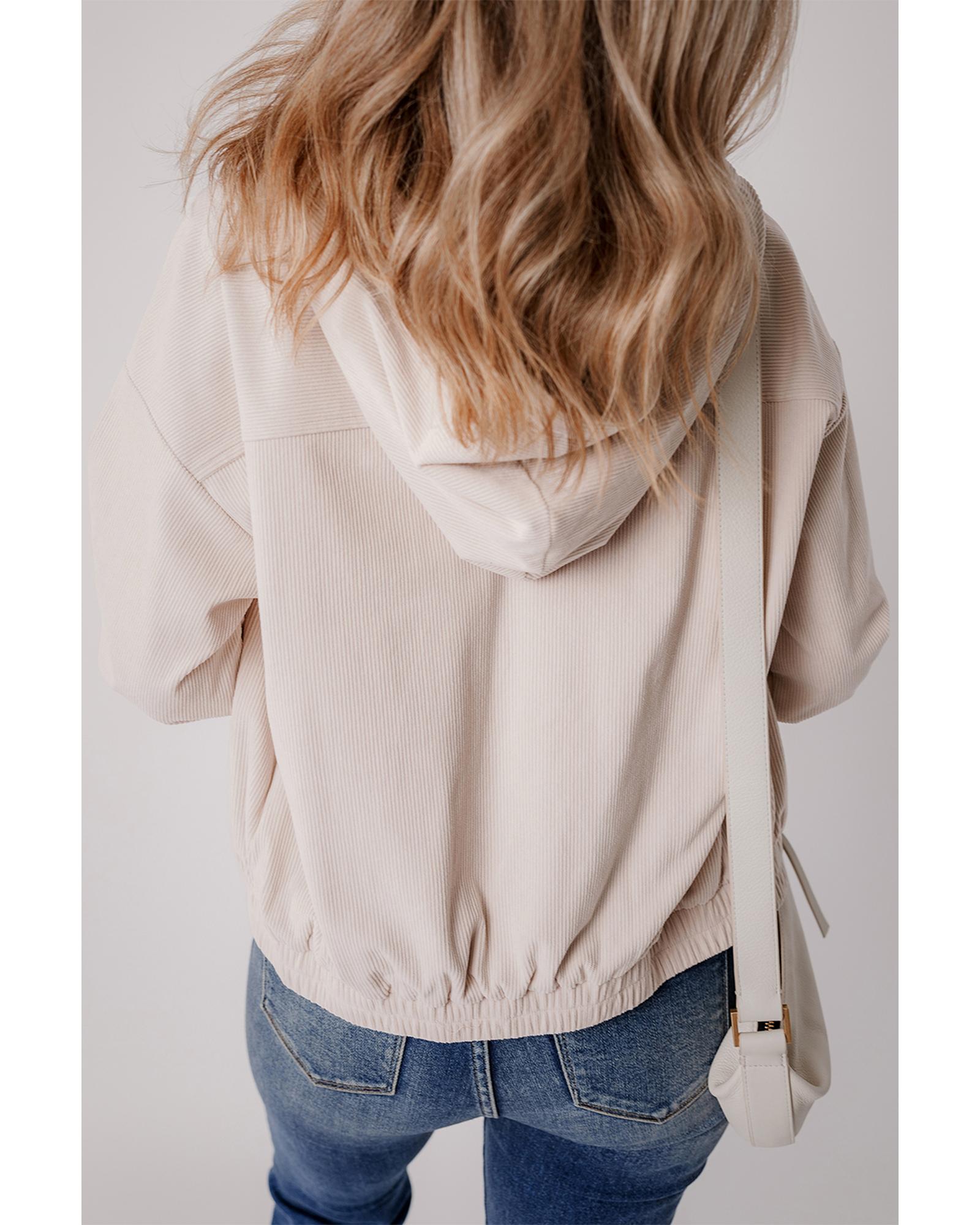 White Corduroy Drawstring Hooded Pocket Zip Up Jacket - M