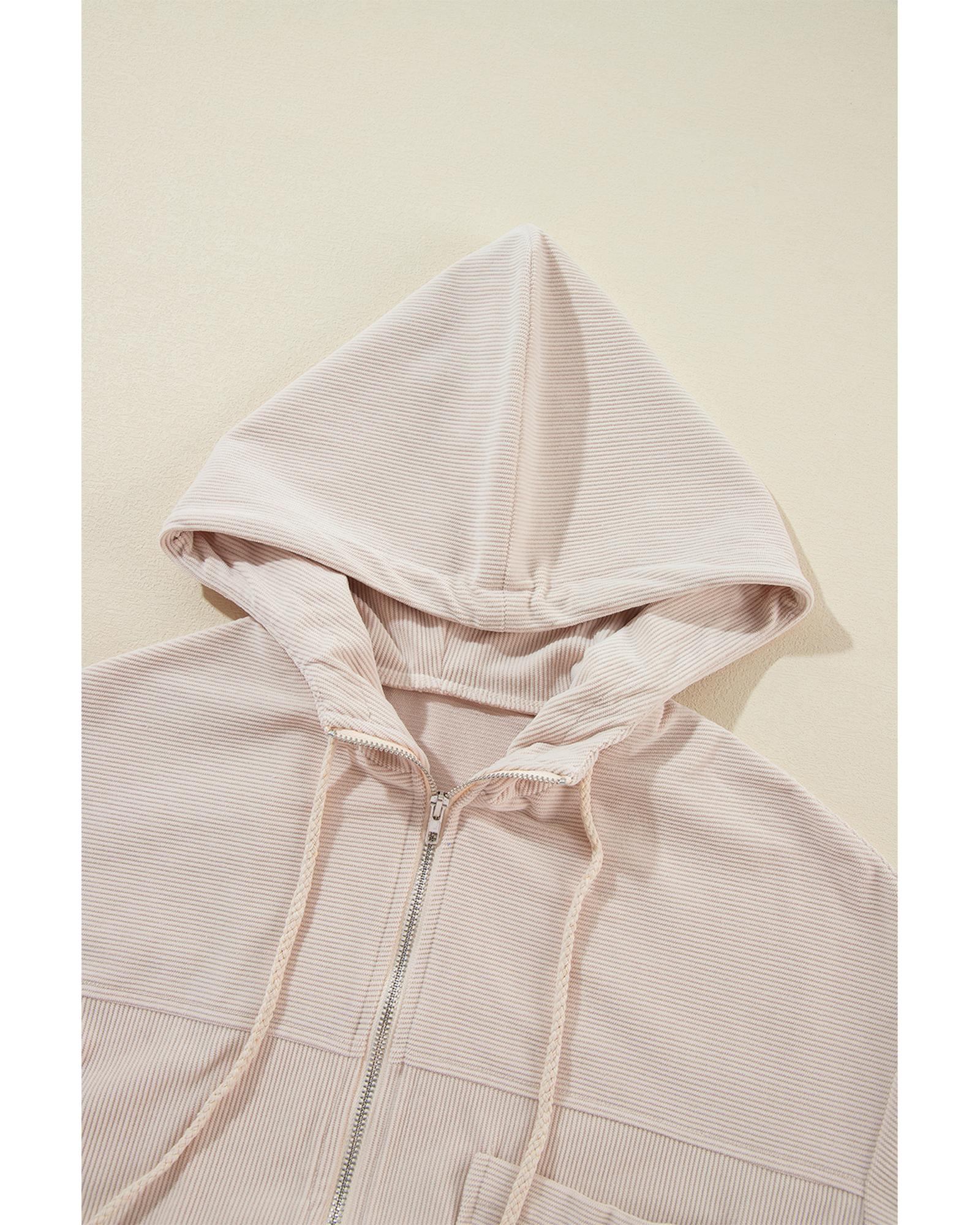 White Corduroy Drawstring Hooded Pocket Zip Up Jacket - M 5