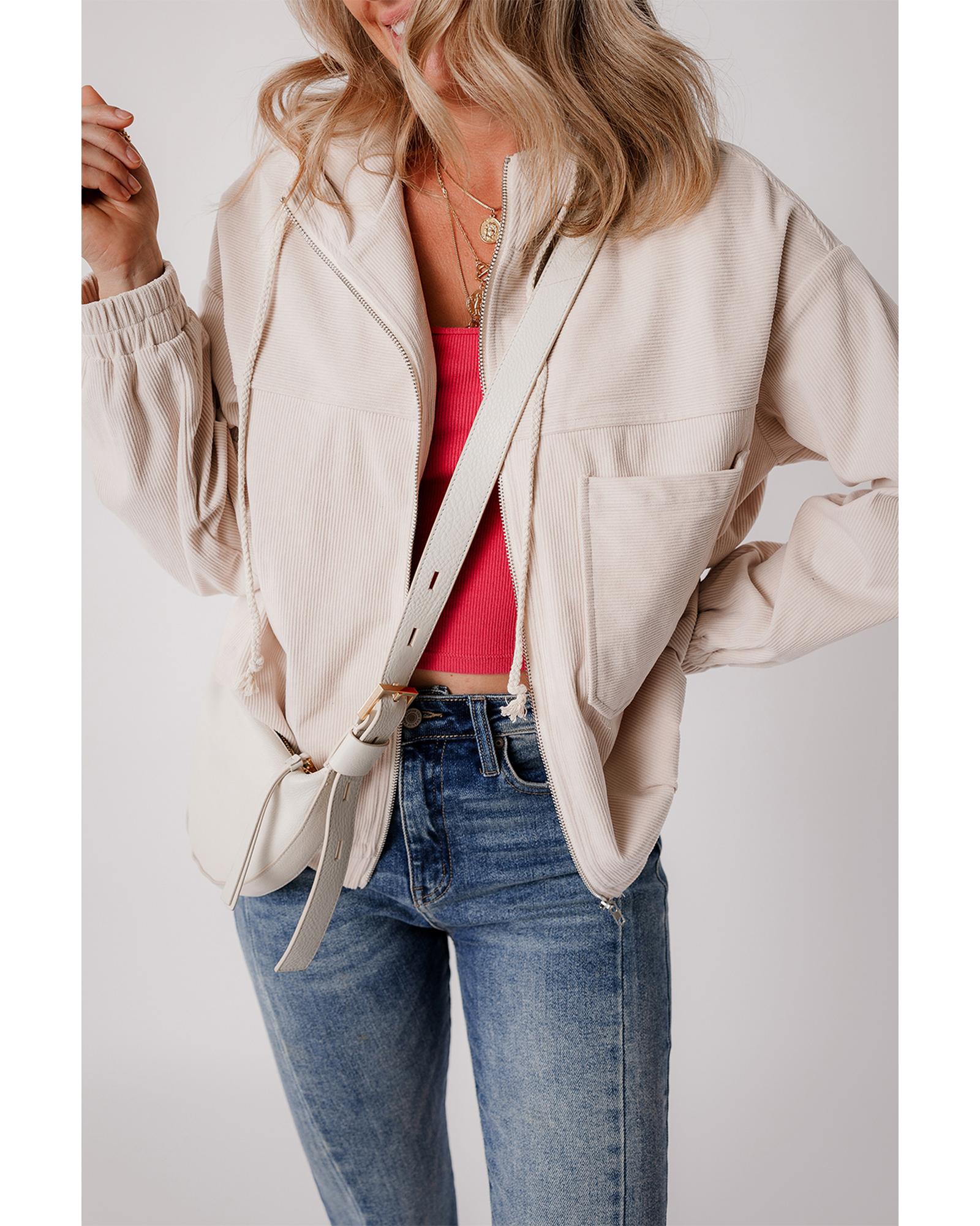 White Corduroy Drawstring Hooded Pocket Zip Up Jacket - XL 3