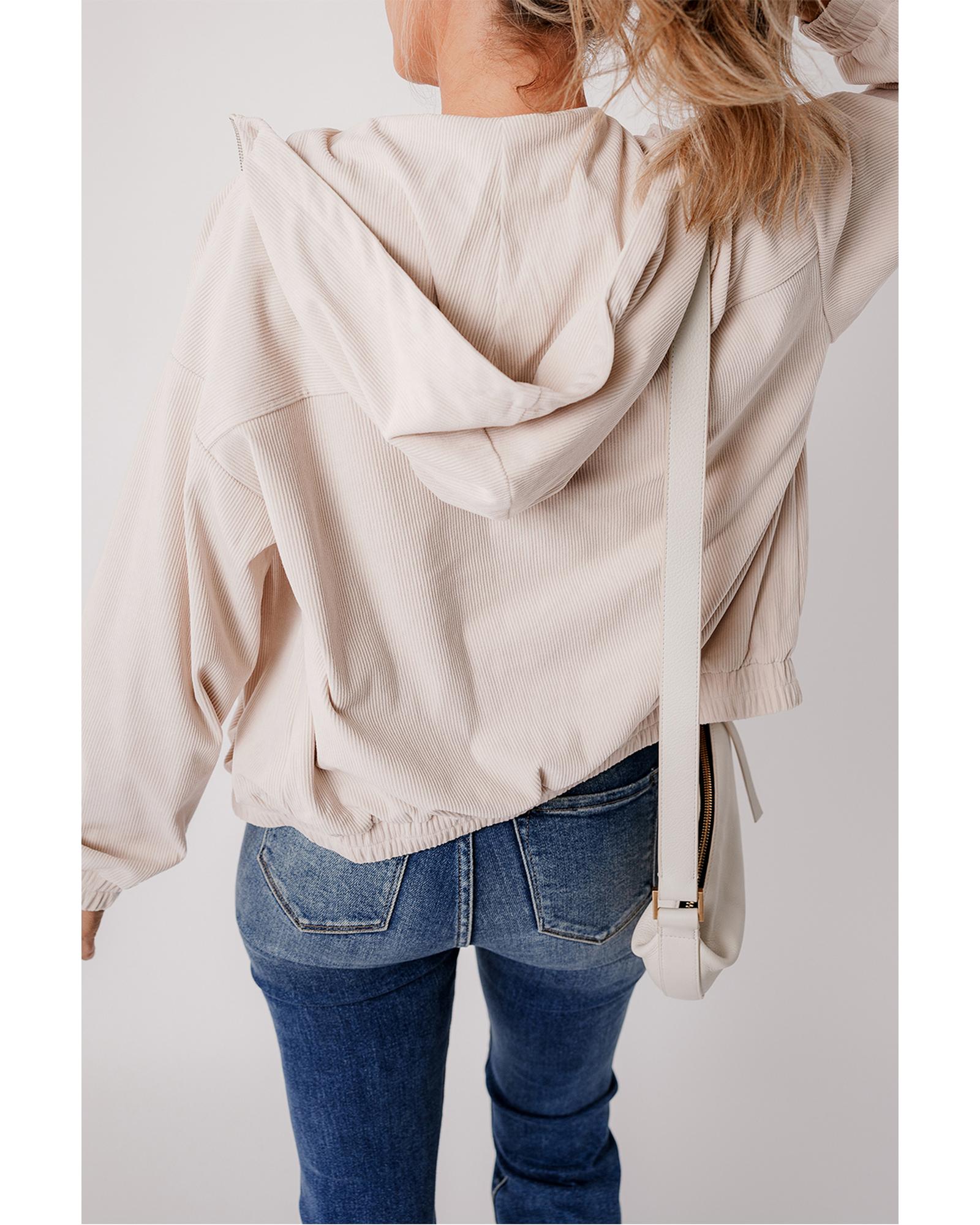 White Corduroy Drawstring Hooded Pocket Zip Up Jacket - XL 4