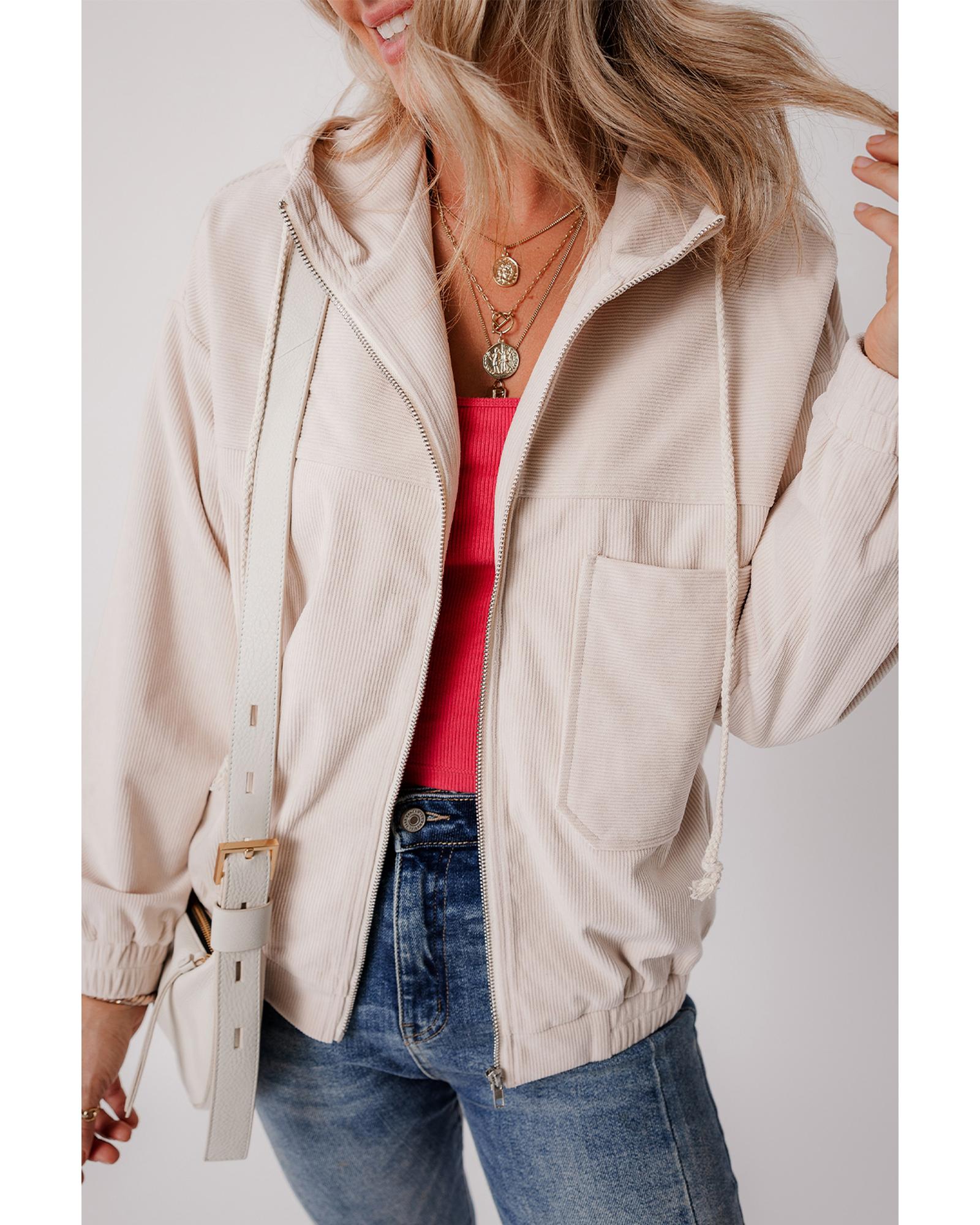 White Corduroy Drawstring Hooded Pocket Zip Up Jacket - XL 6