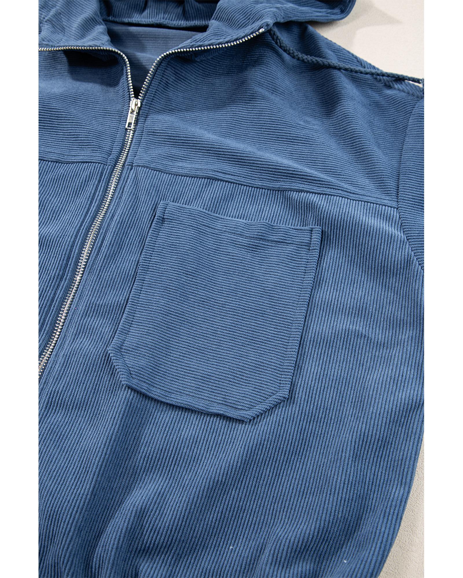 Real Teal Corduroy Drawstring Hooded Pocket Zip Up Jacket - L