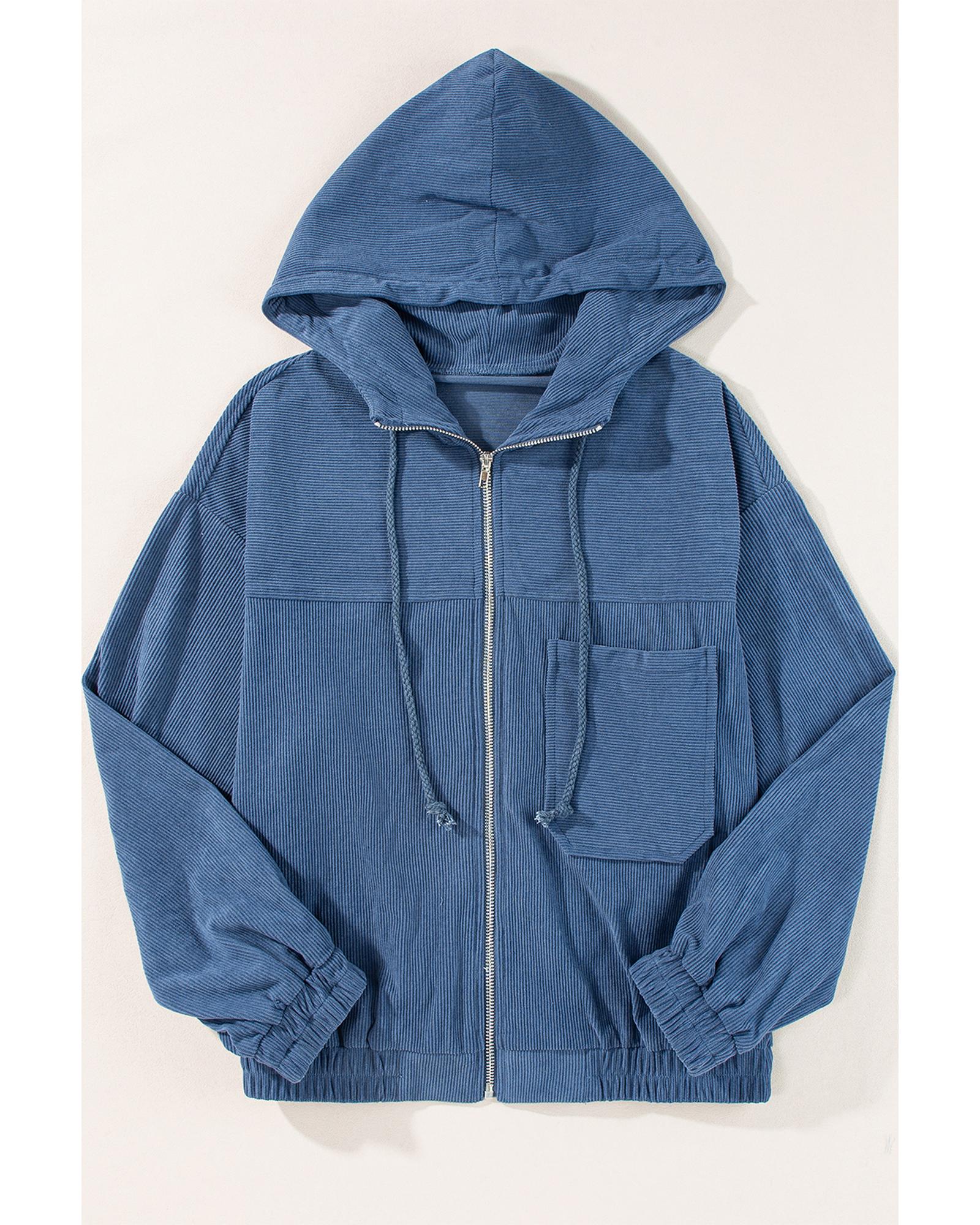 Real Teal Corduroy Drawstring Hooded Pocket Zip Up Jacket - M
