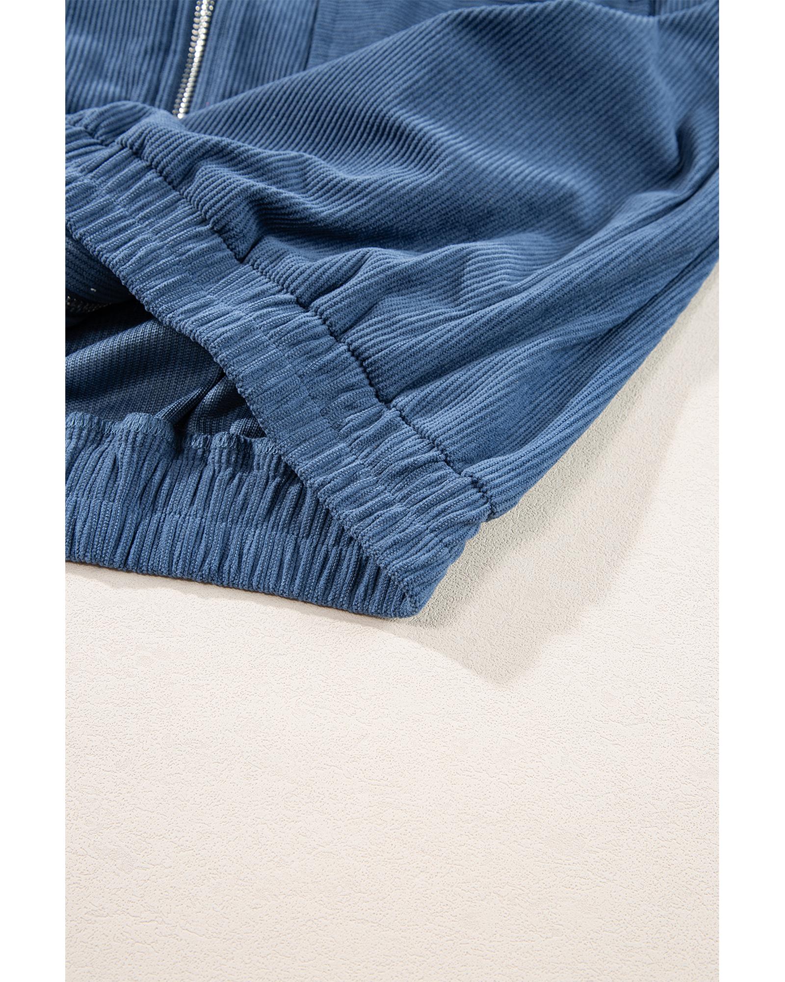 Real Teal Corduroy Drawstring Hooded Pocket Zip Up Jacket - XL