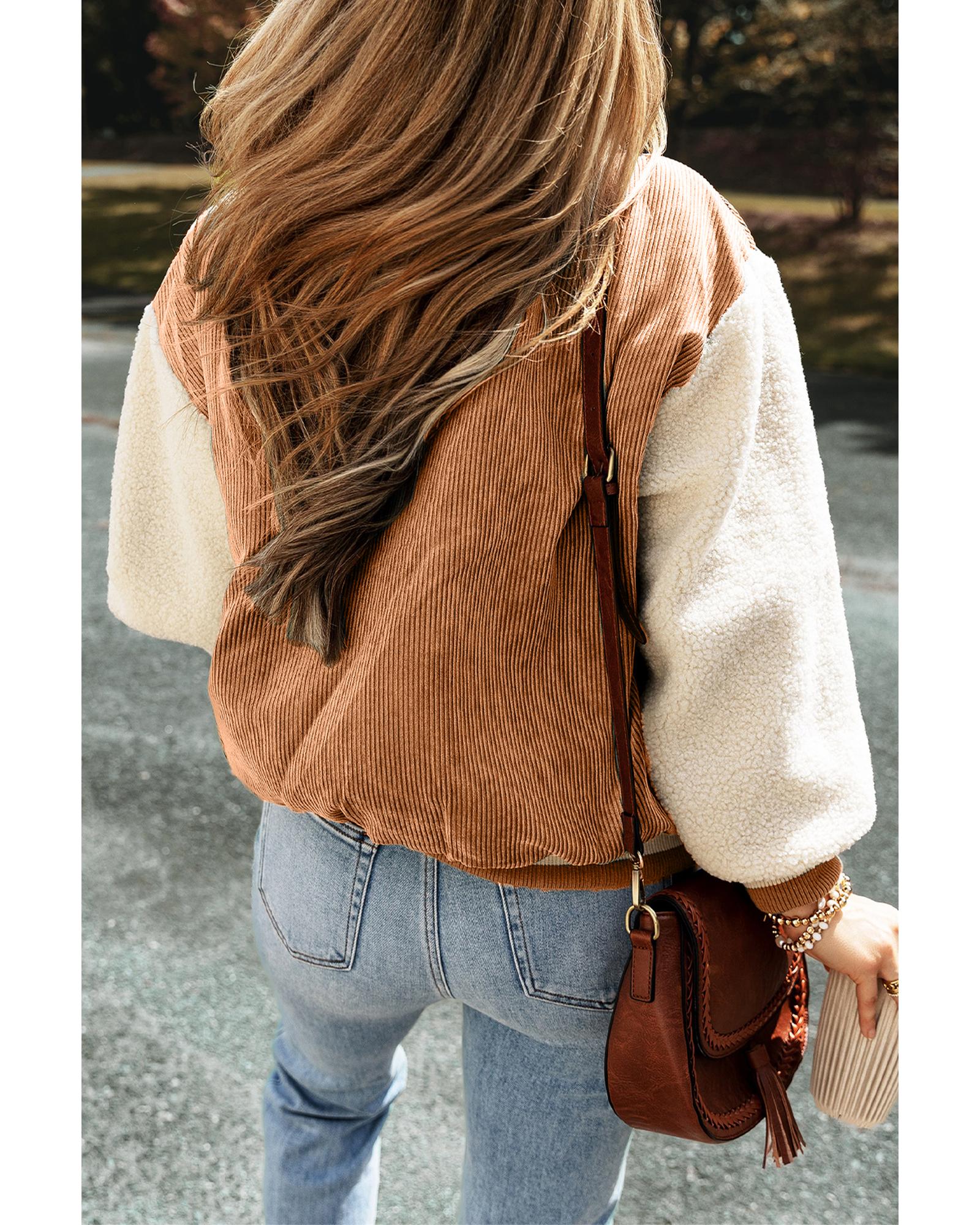 Buckskin Corduroy Fleece Patchwork Buttoned Bomber Jacket - L 3