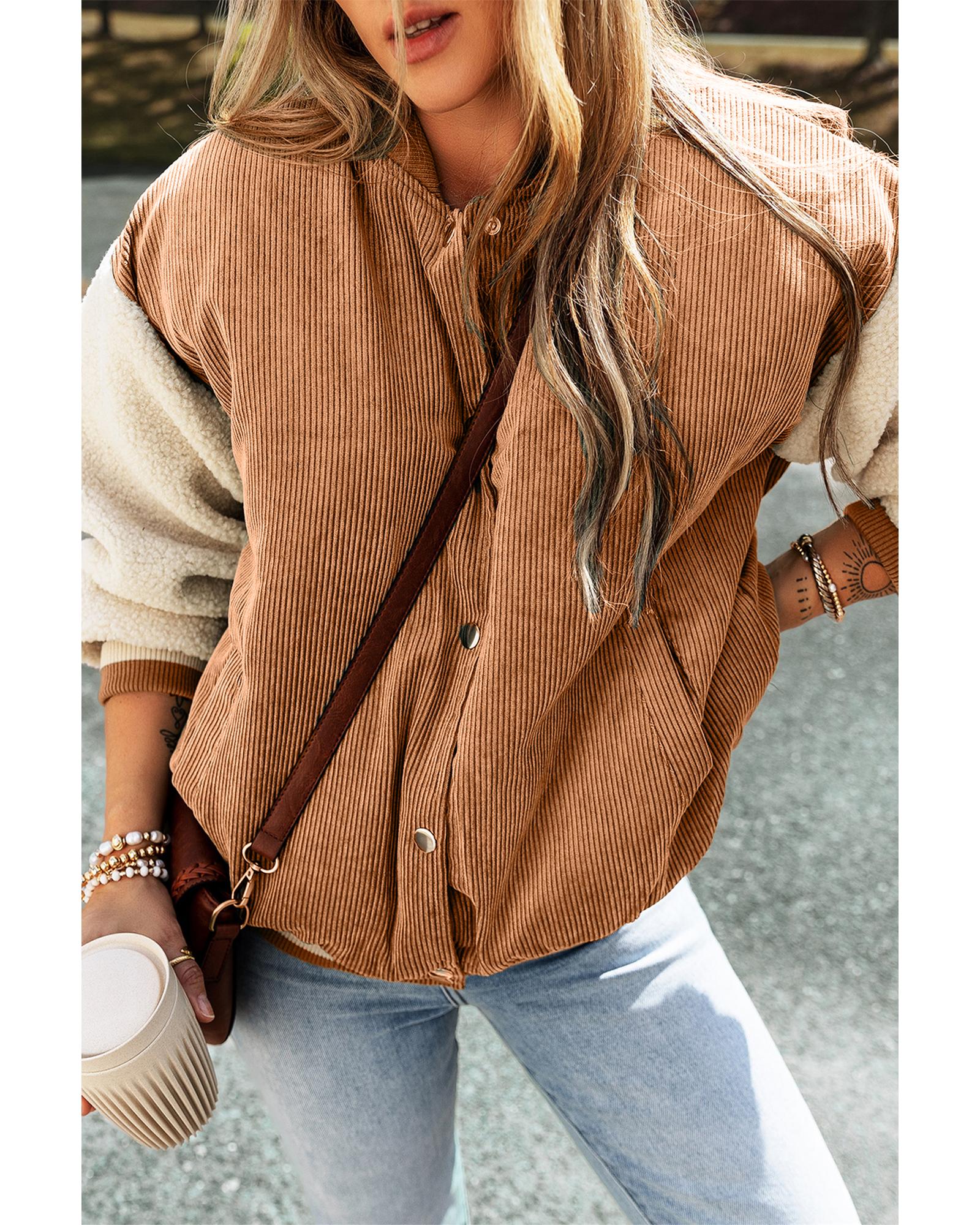 Buckskin Corduroy Fleece Patchwork Buttoned Bomber Jacket - L 5