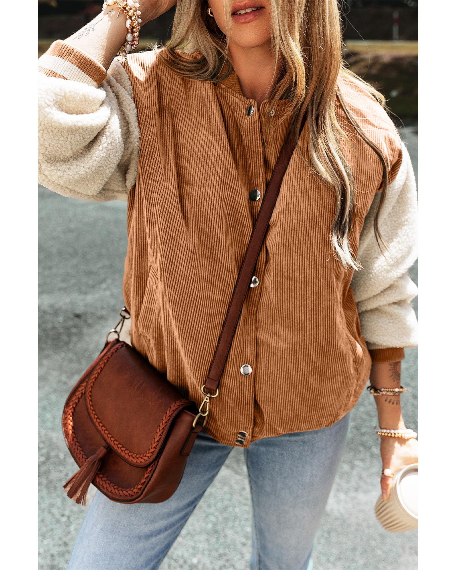 Buckskin Corduroy Fleece Patchwork Buttoned Bomber Jacket - M