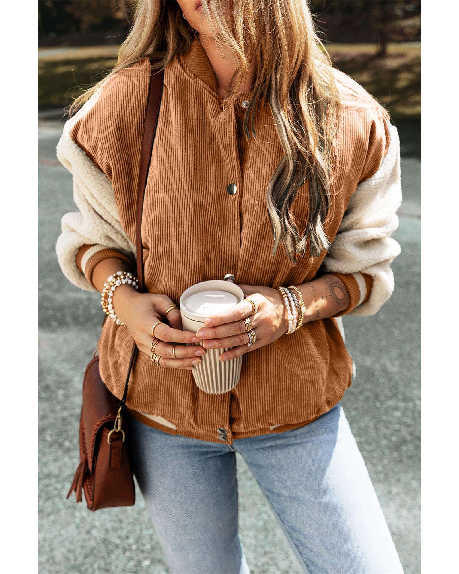 Buckskin Corduroy Fleece Patchwork Buttoned Bomber Jacket - M 8