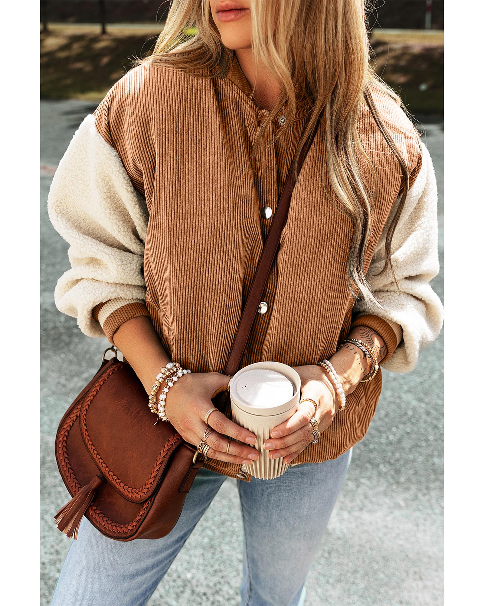 Buckskin Corduroy Fleece Patchwork Buttoned Bomber Jacket - XL 3