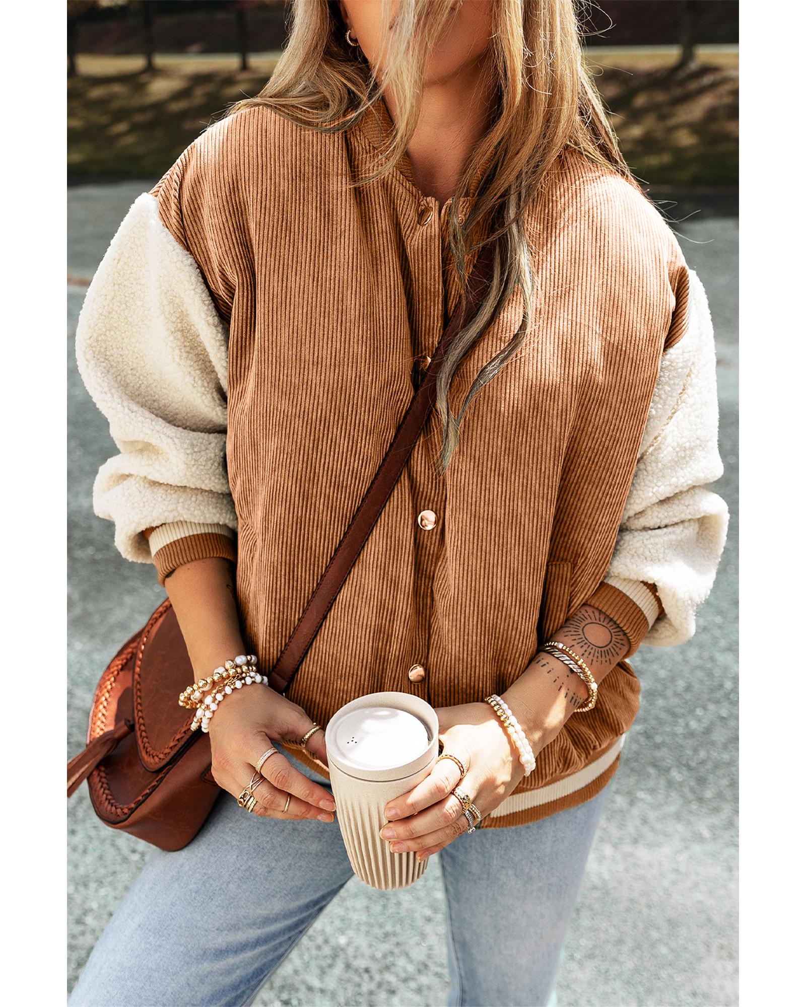 Buckskin Corduroy Fleece Patchwork Buttoned Bomber Jacket - XL 7