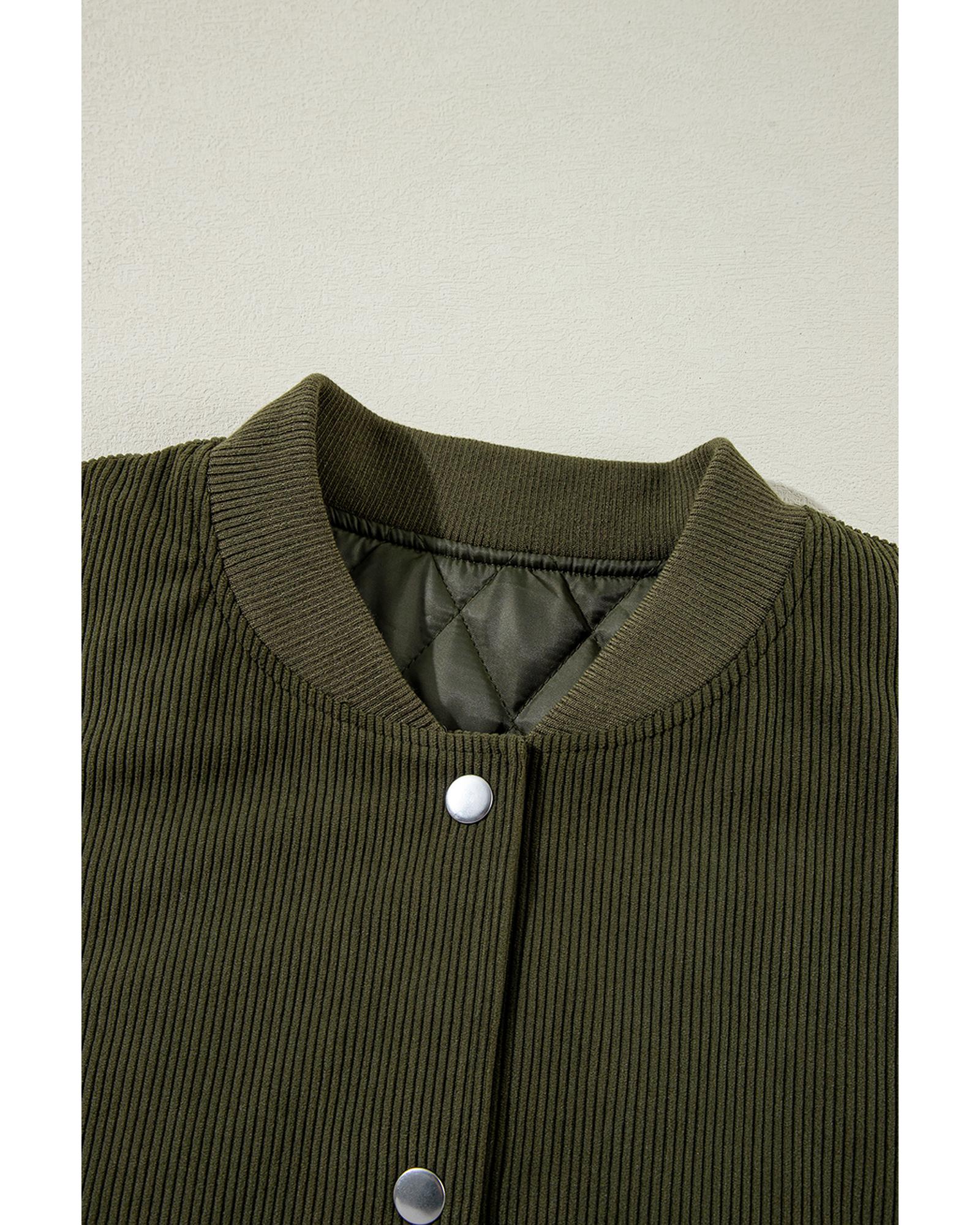 Mist Green Corduroy Fleece Patchwork Buttoned Bomber Jacket - L 3