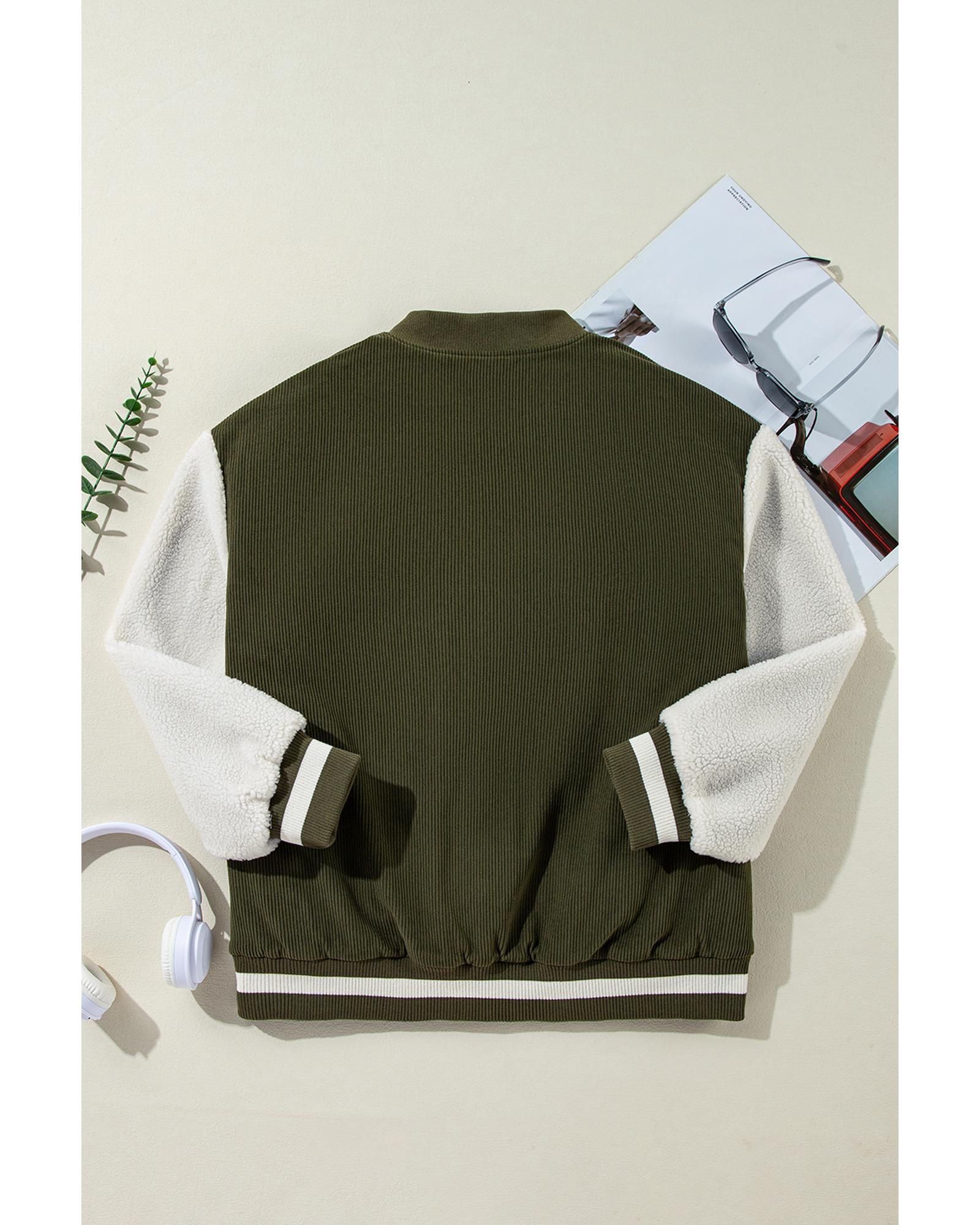 Mist Green Corduroy Fleece Patchwork Buttoned Bomber Jacket - L 5