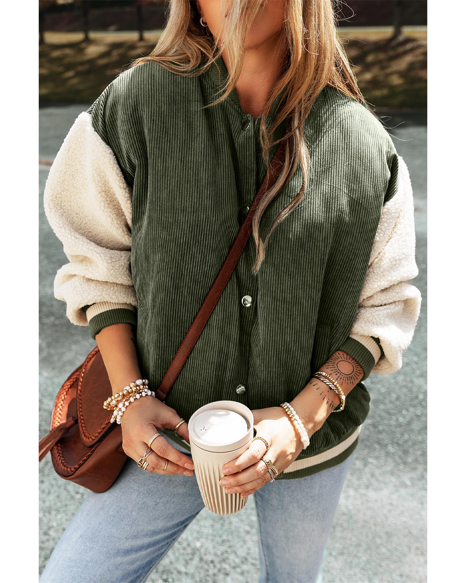 Mist Green Corduroy Fleece Patchwork Buttoned Bomber Jacket - XL 7