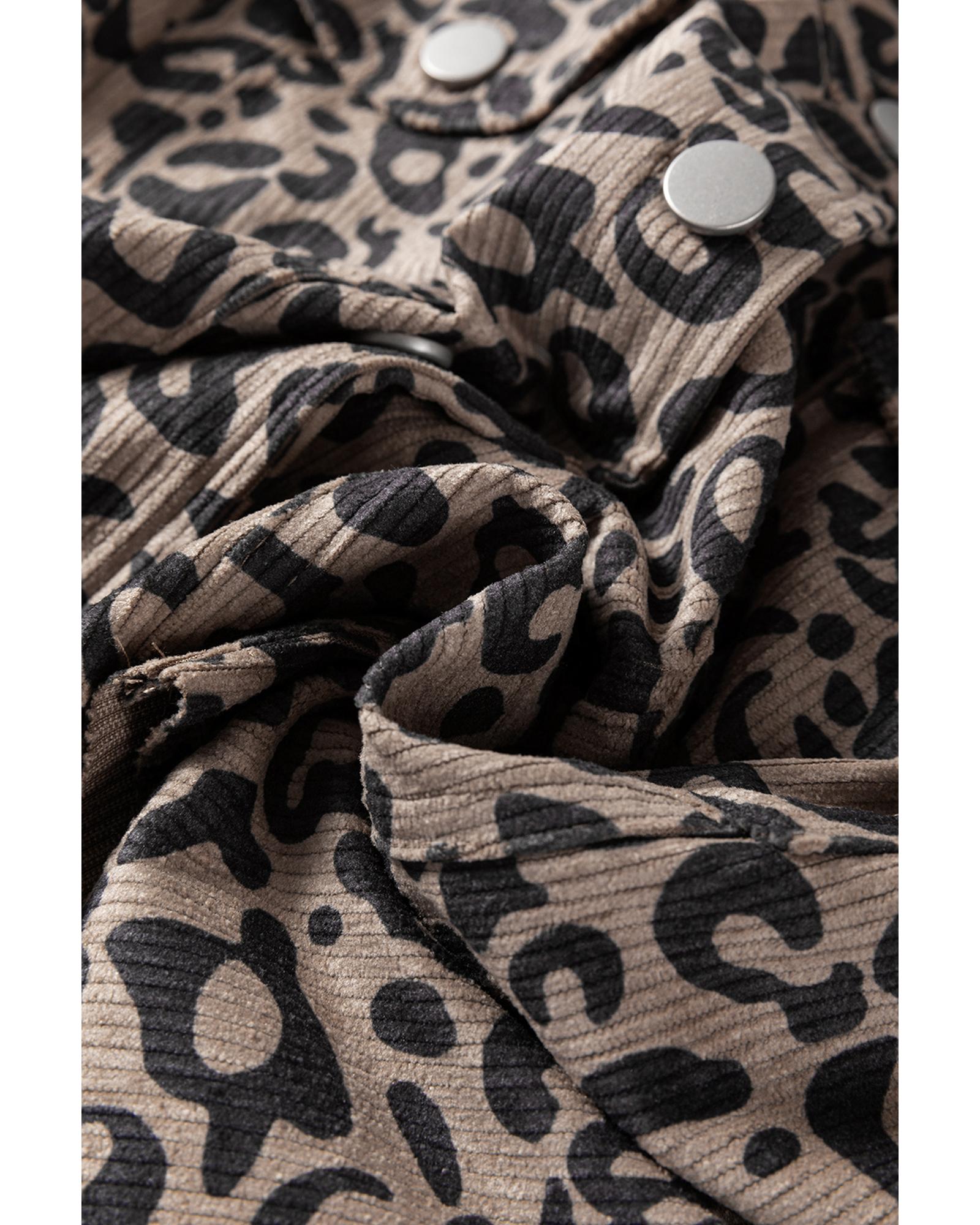 Dark Khaki Leopard Print Corduroy Irregular Hem Buttoned Jacket - L 6