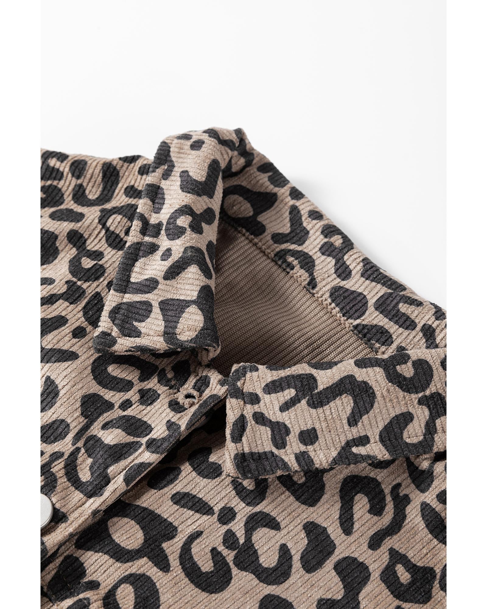 Dark Khaki Leopard Print Corduroy Irregular Hem Buttoned Jacket - M