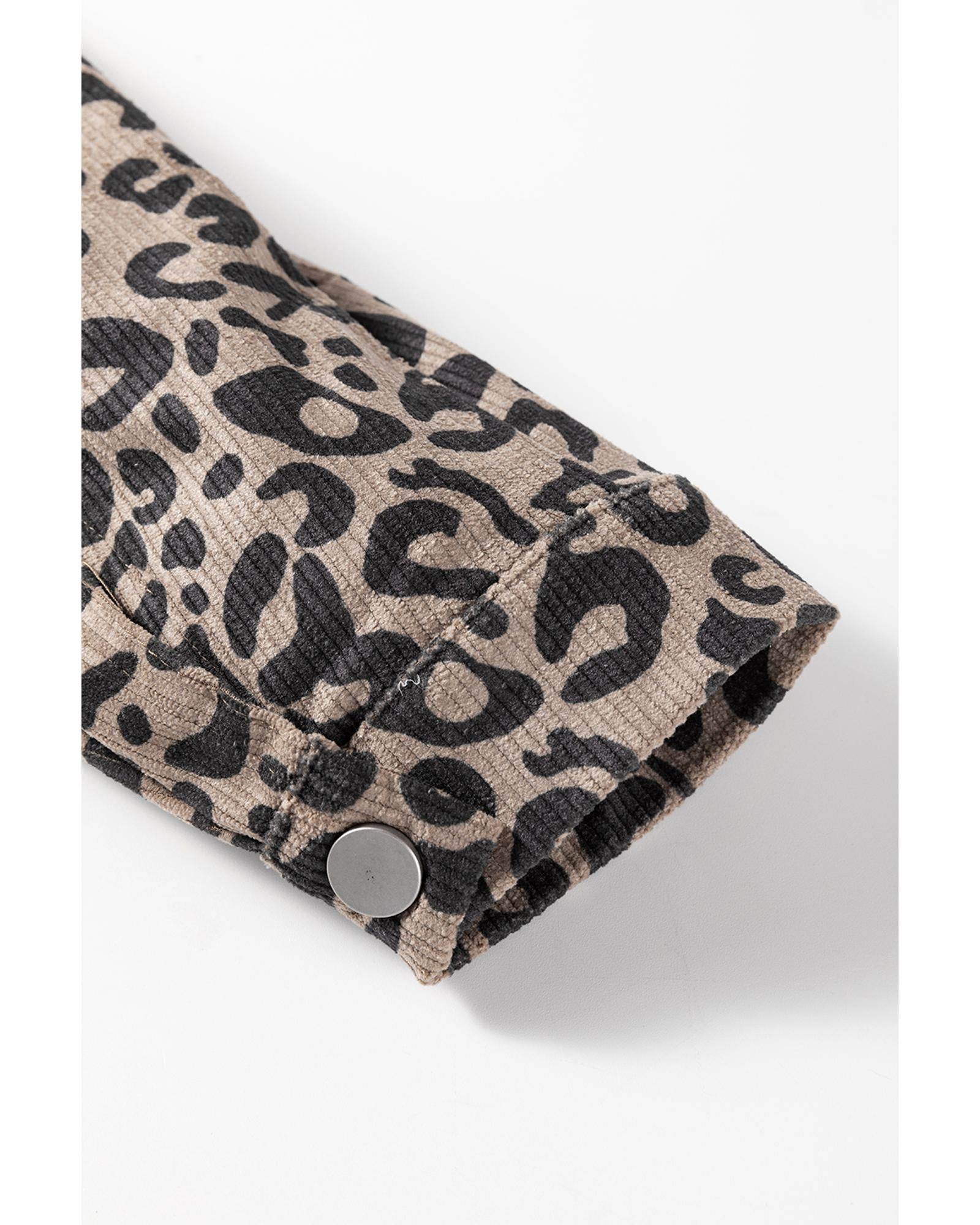 Dark Khaki Leopard Print Corduroy Irregular Hem Buttoned Jacket - M 5