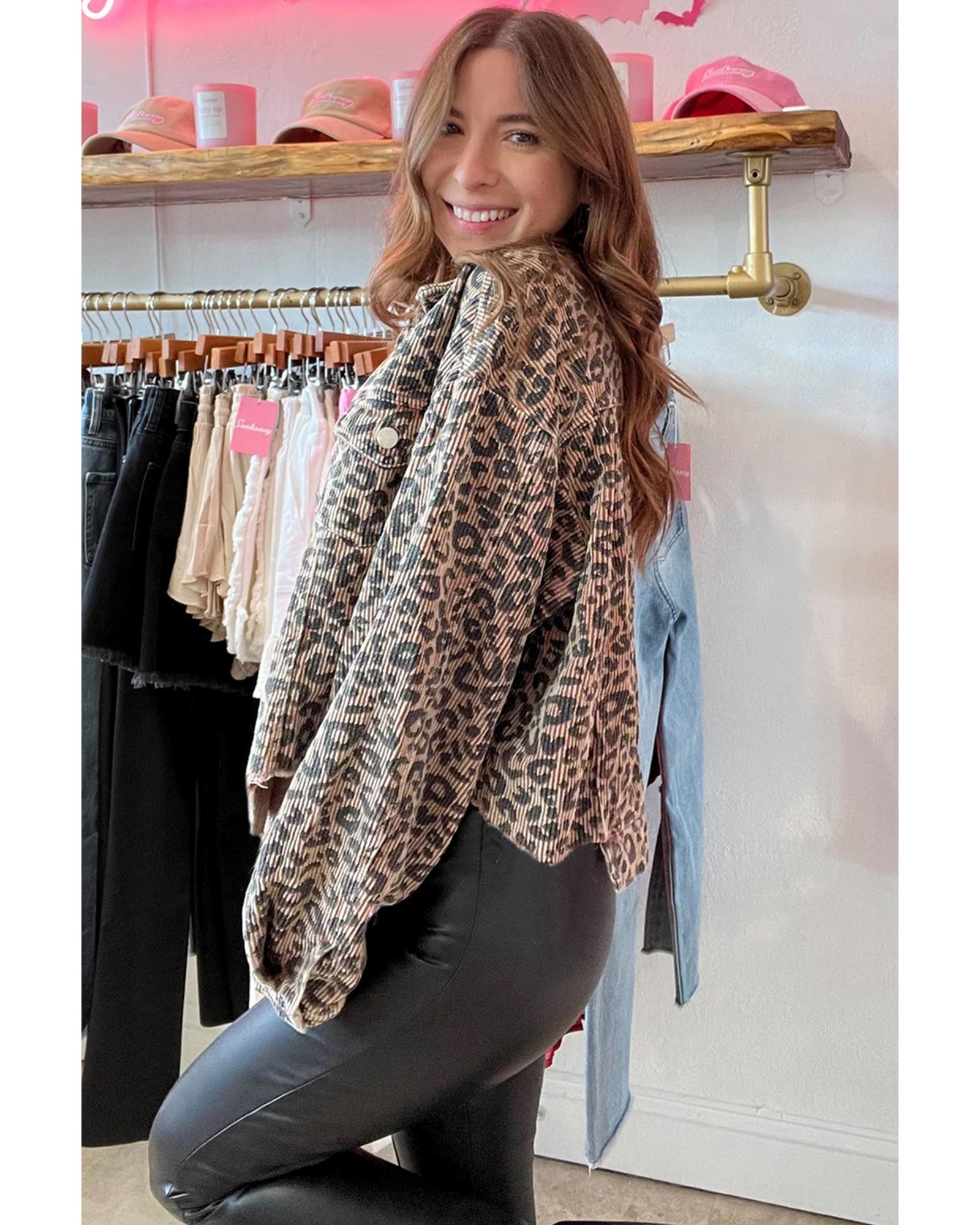 Dark Khaki Leopard Print Corduroy Irregular Hem Buttoned Jacket - M 8