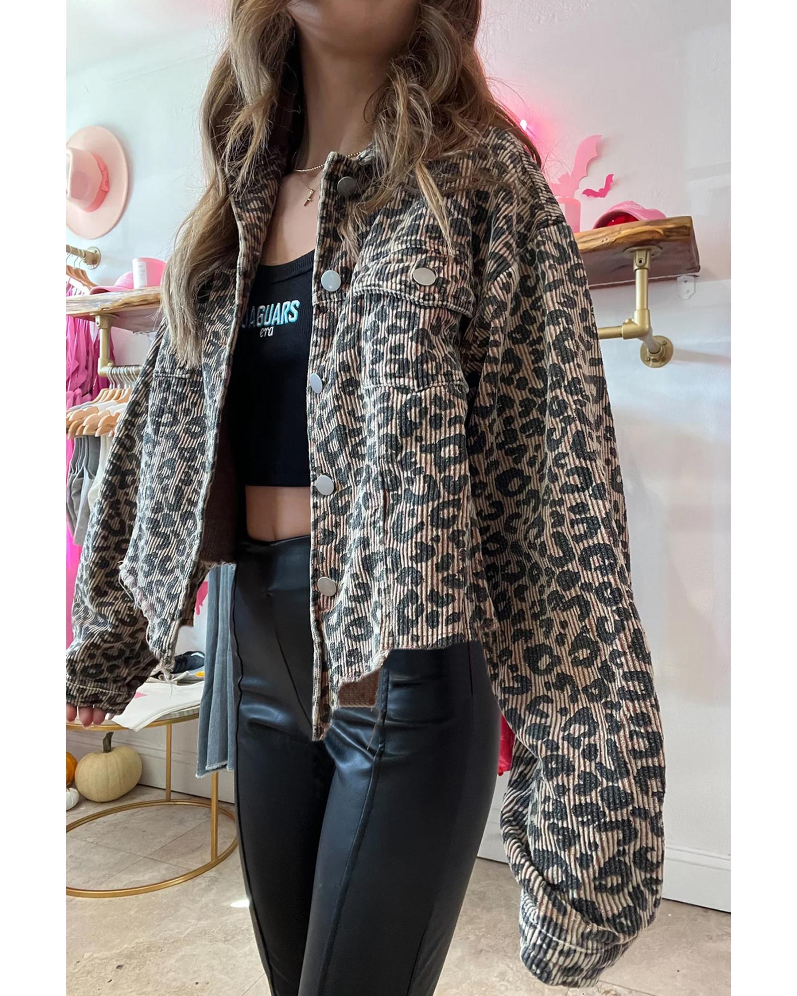 Dark Khaki Leopard Print Corduroy Irregular Hem Buttoned Jacket - S 6