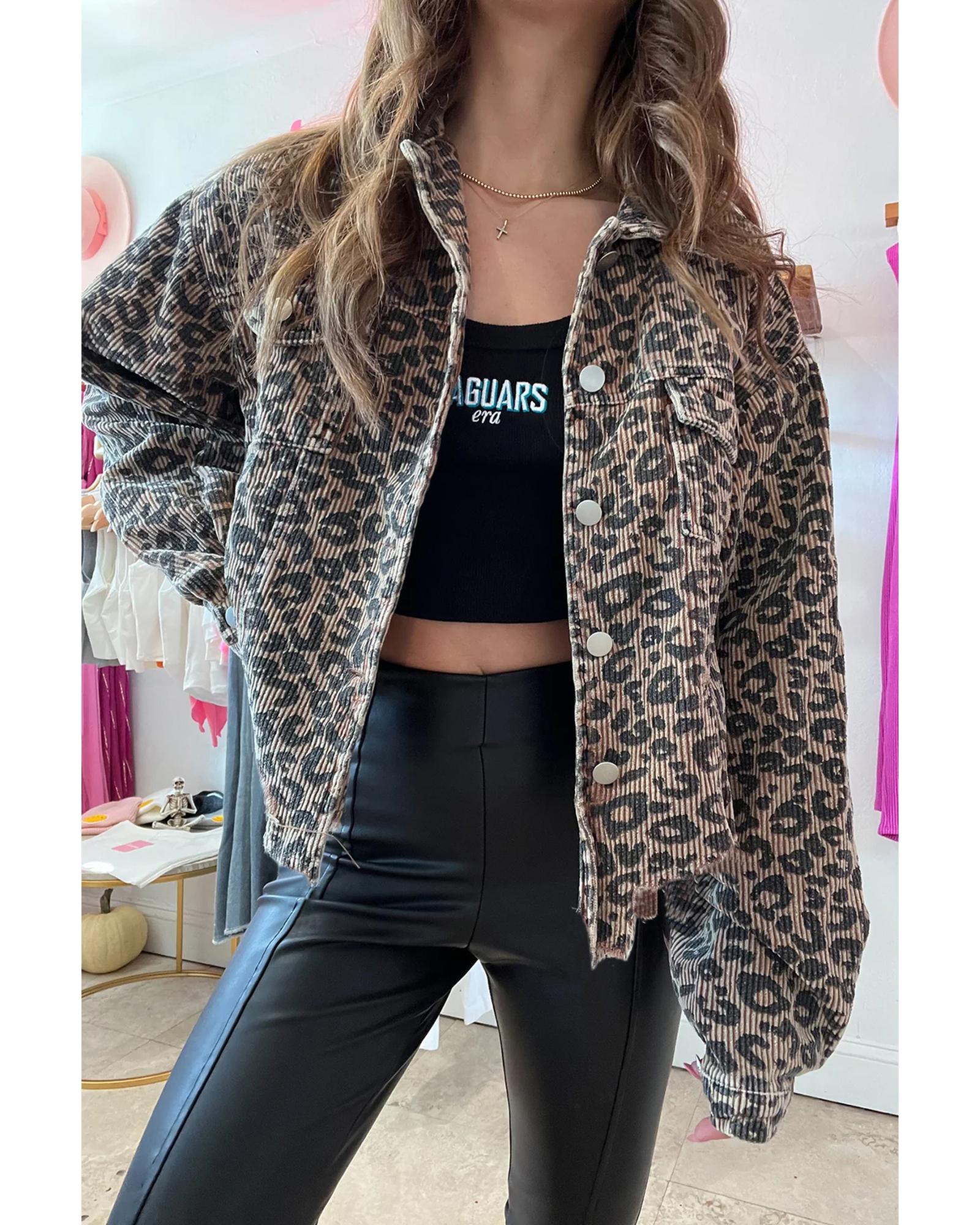 Dark Khaki Leopard Print Corduroy Irregular Hem Buttoned Jacket - XL 3