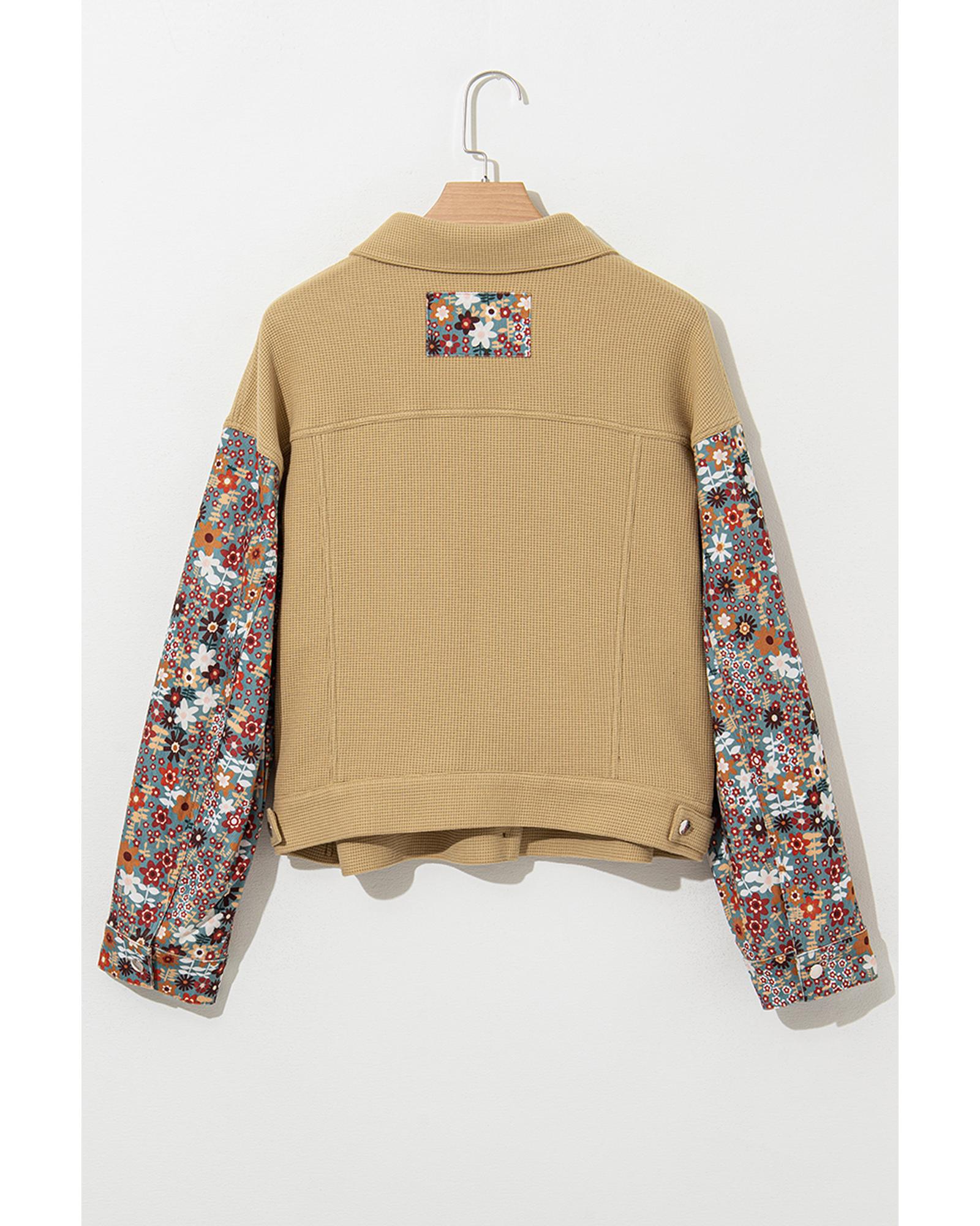 Khaki Waffle Knit Floral Print Patchwork Button up Jacket - M 4