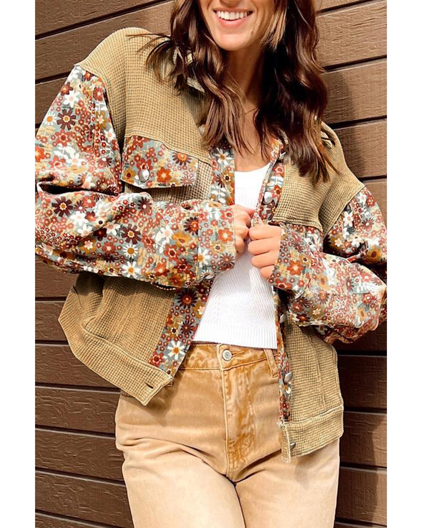 Khaki Waffle Knit Floral Print Patchwork Button up Jacket - S 3