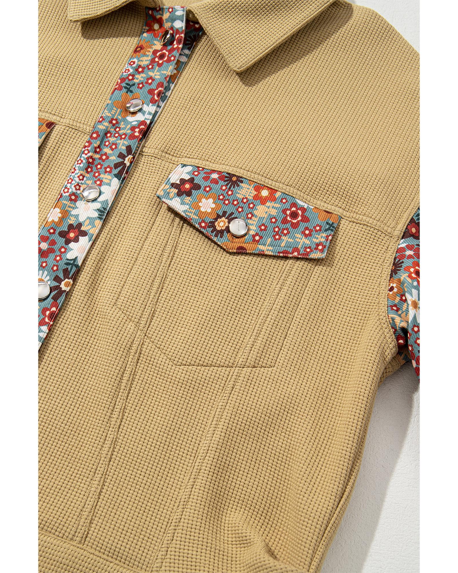 Khaki Waffle Knit Floral Print Patchwork Button up Jacket - S 5