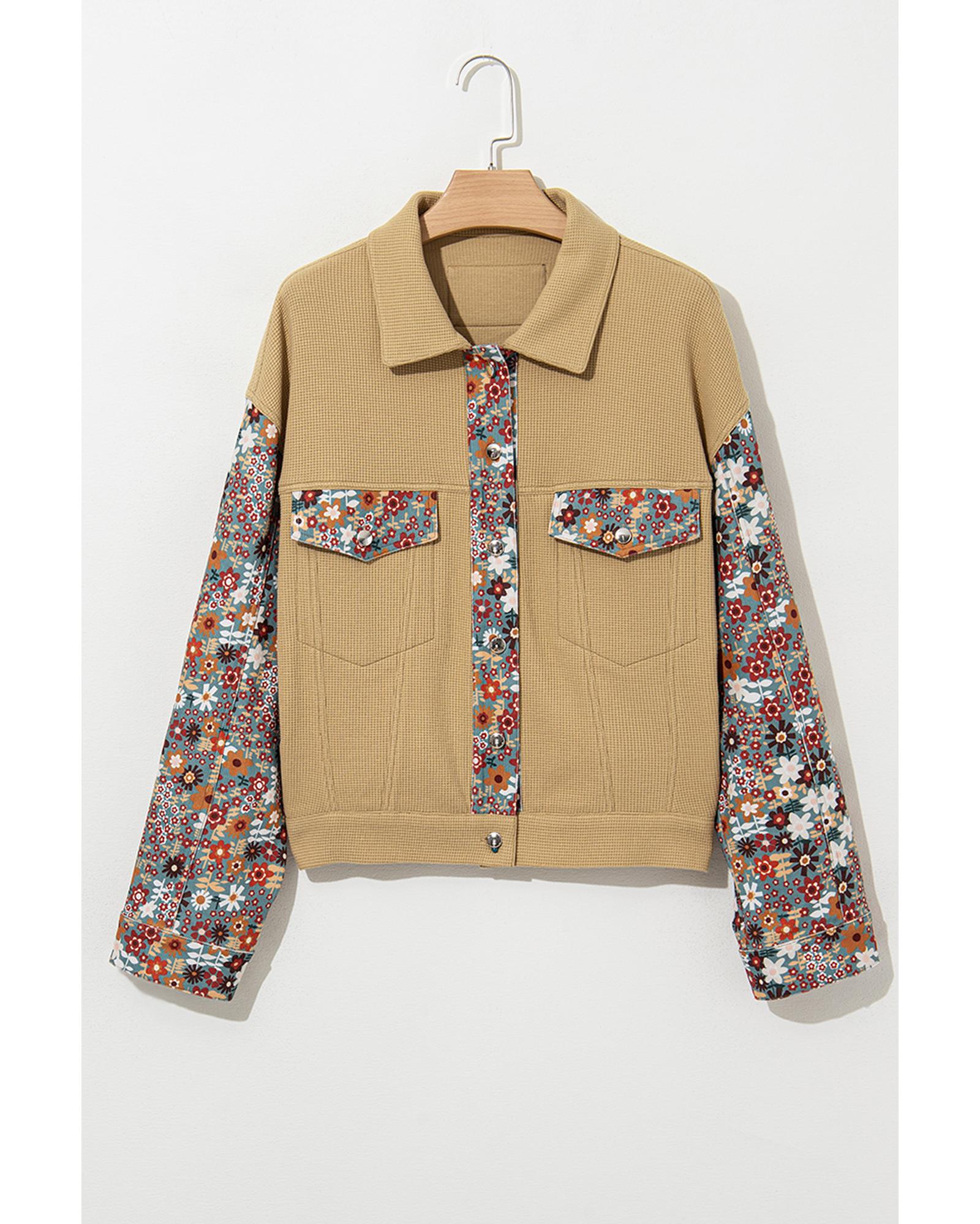 Khaki Waffle Knit Floral Print Patchwork Button up Jacket - S 6