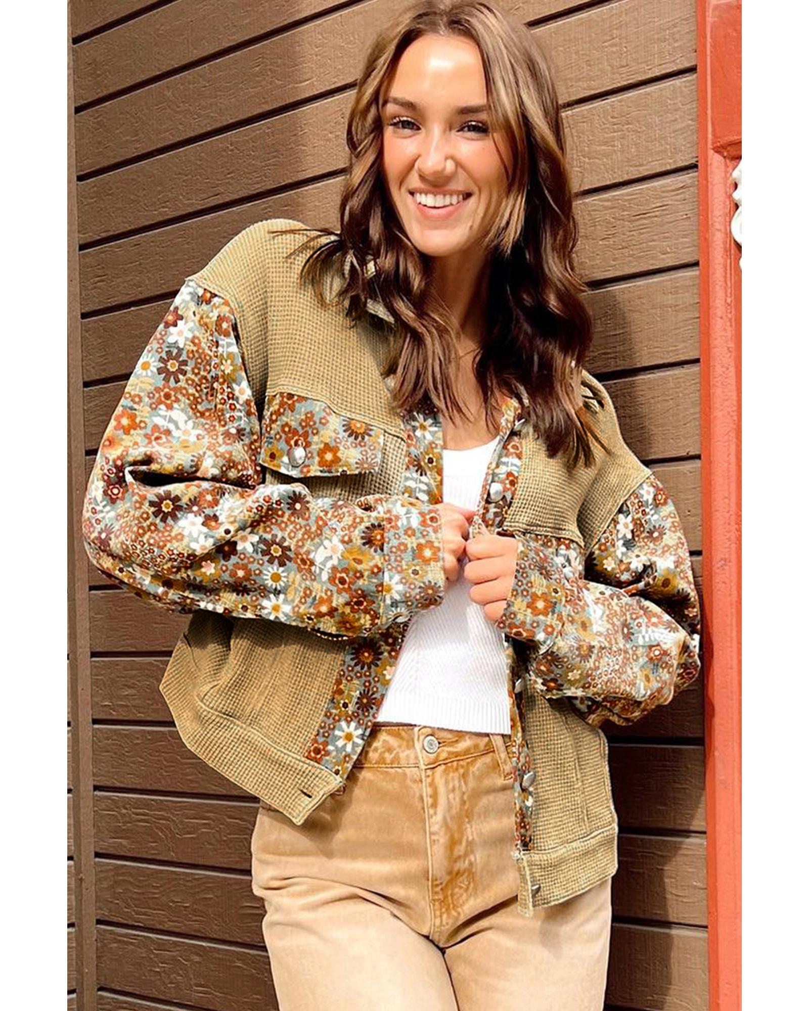 Khaki Waffle Knit Floral Print Patchwork Button up Jacket - S 7