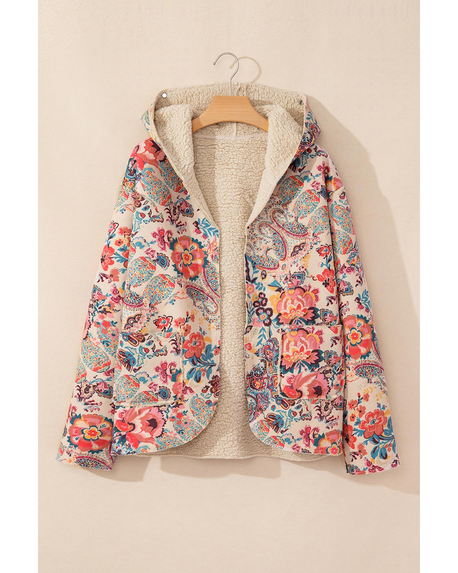 Azura Exchange Beige Vintage Paisley Floral Printed Sherpa Lined Hooded Jacket - S