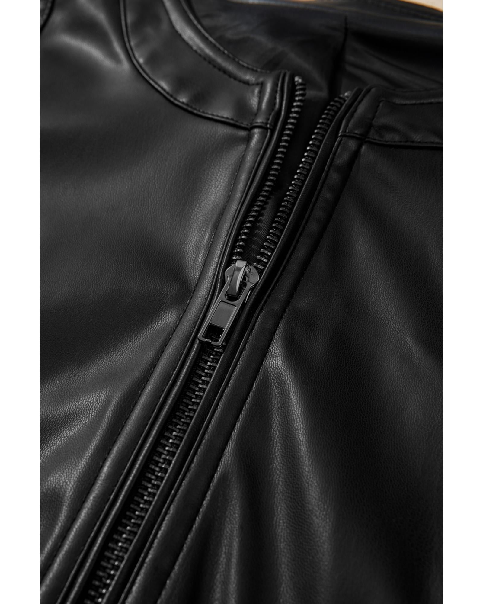 Black Solid Faux Leather Zipper Slim Fit Bomber Jacket - L 7