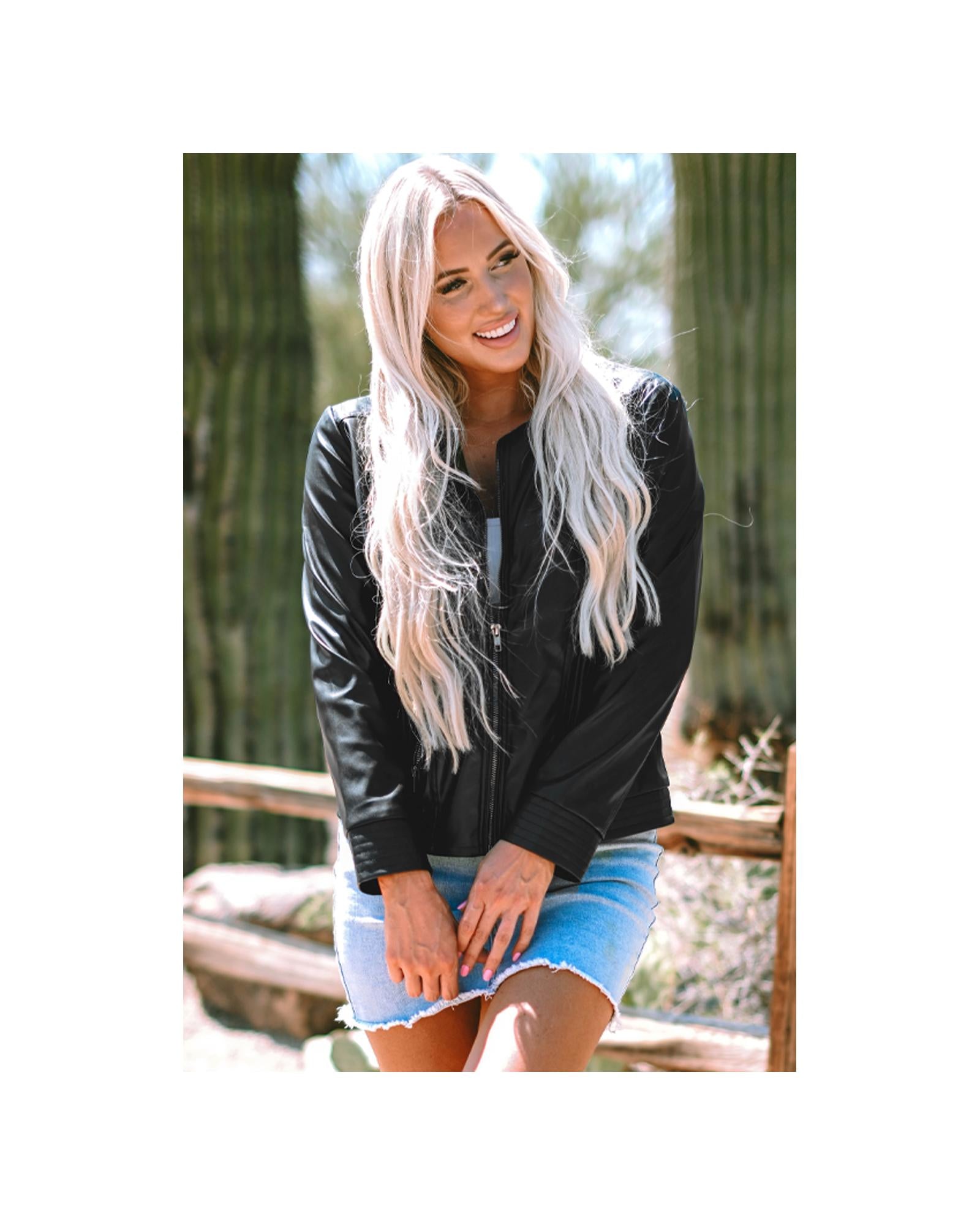 Black Solid Faux Leather Zipper Slim Fit Bomber Jacket - M