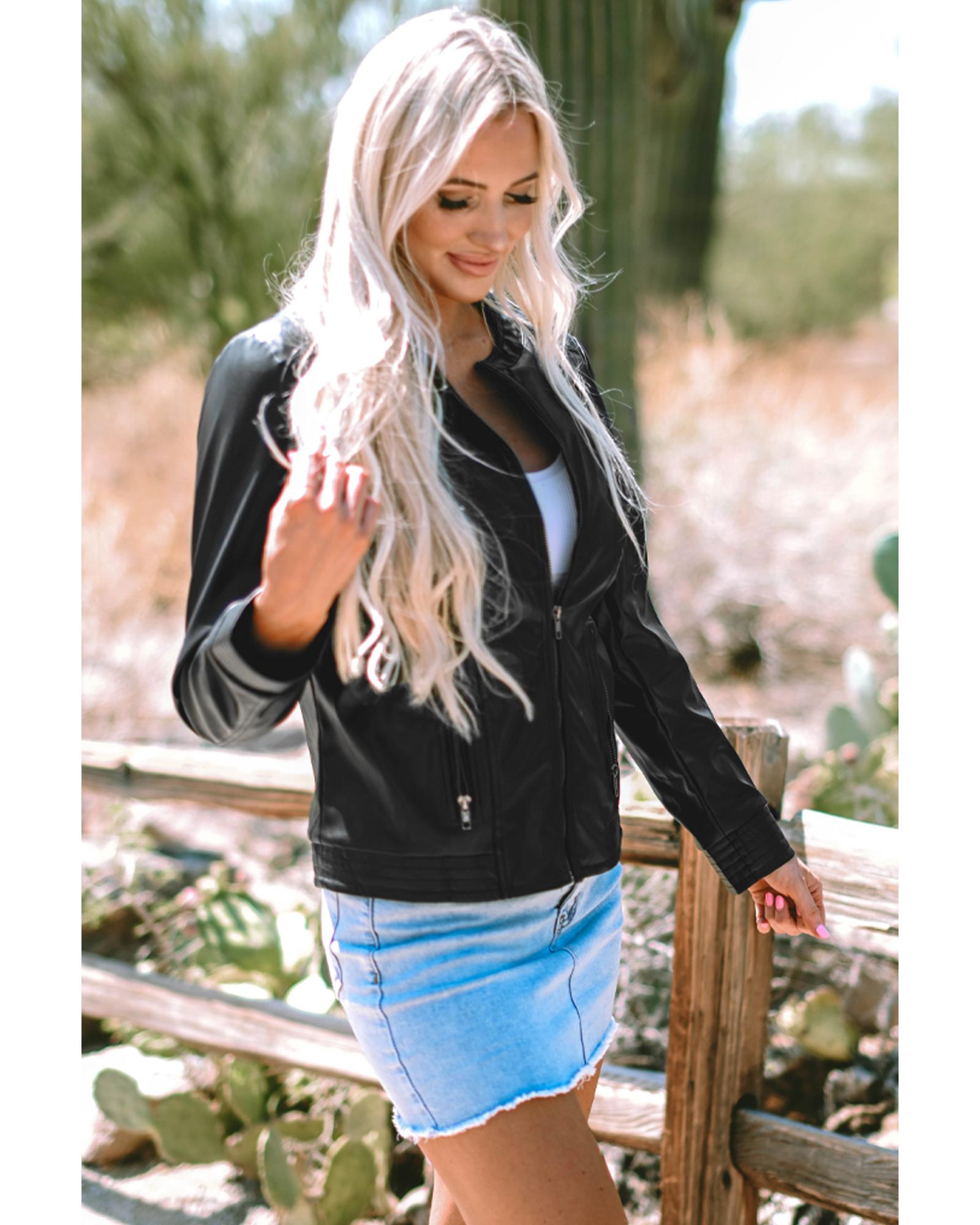 Black Solid Faux Leather Zipper Slim Fit Bomber Jacket - M 3